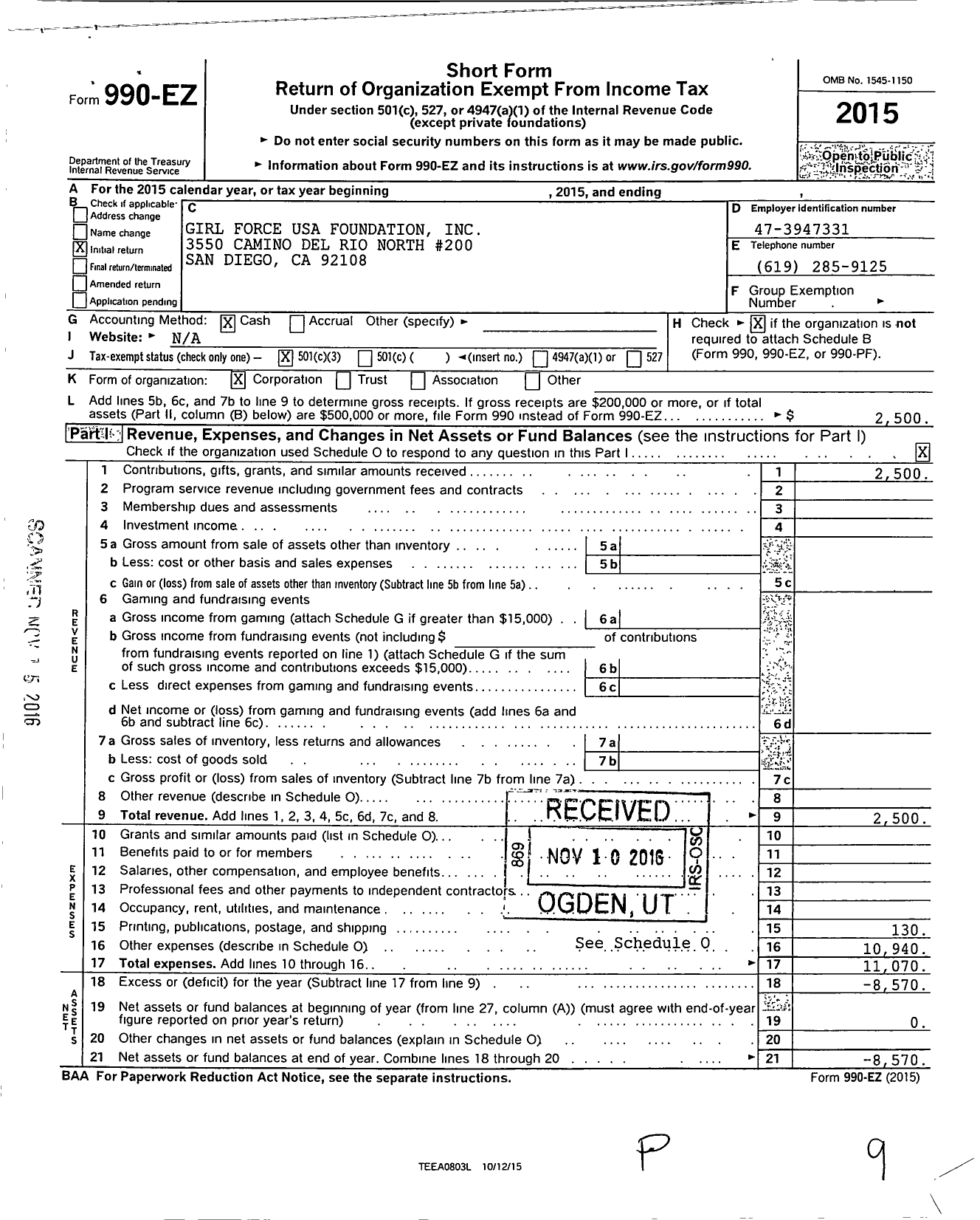 Image of first page of 2015 Form 990EZ for Girl Force USA Foundation