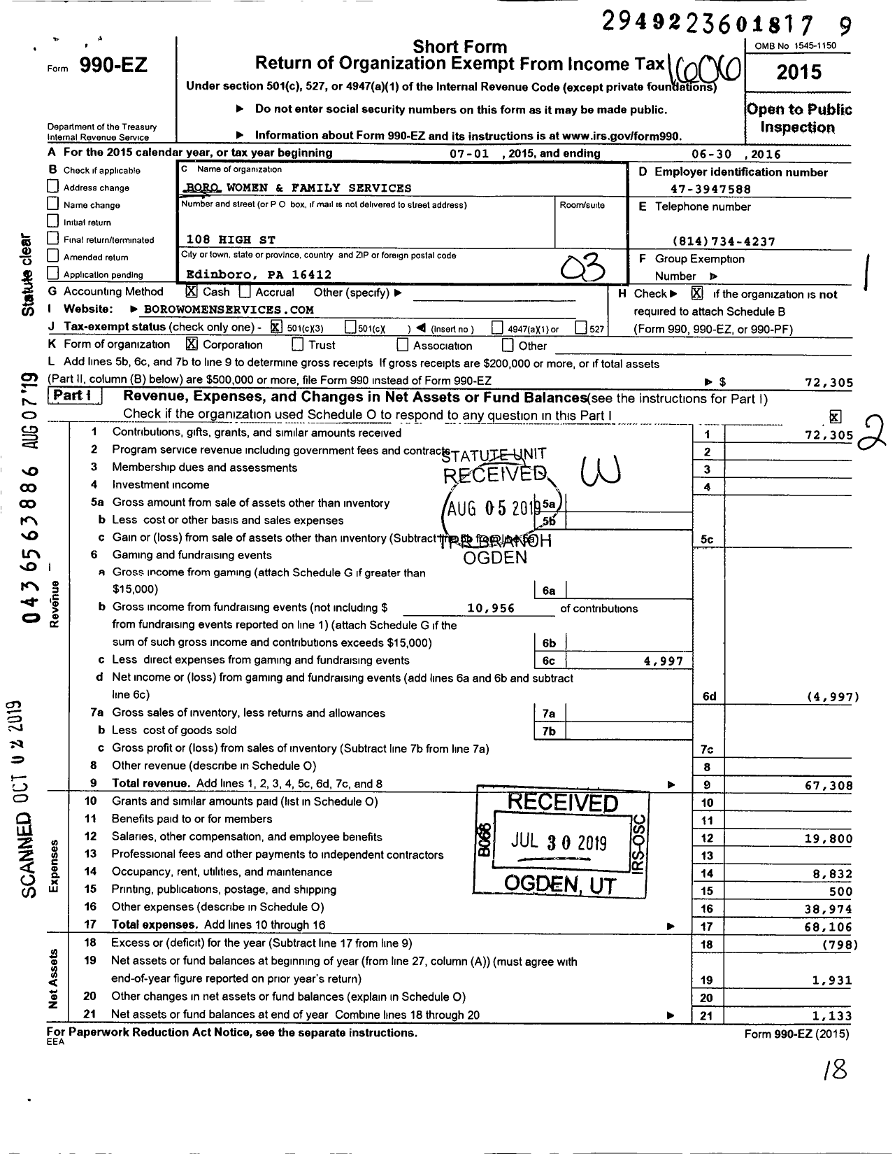 Image of first page of 2015 Form 990EZ for Boro Women and Family Services