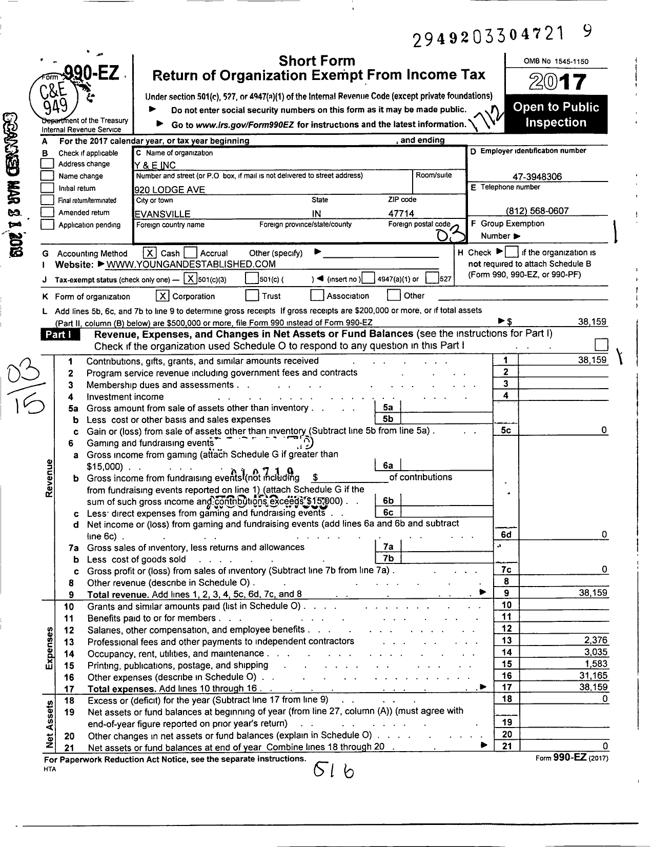 Image of first page of 2017 Form 990EZ for Y and E (Y&E)