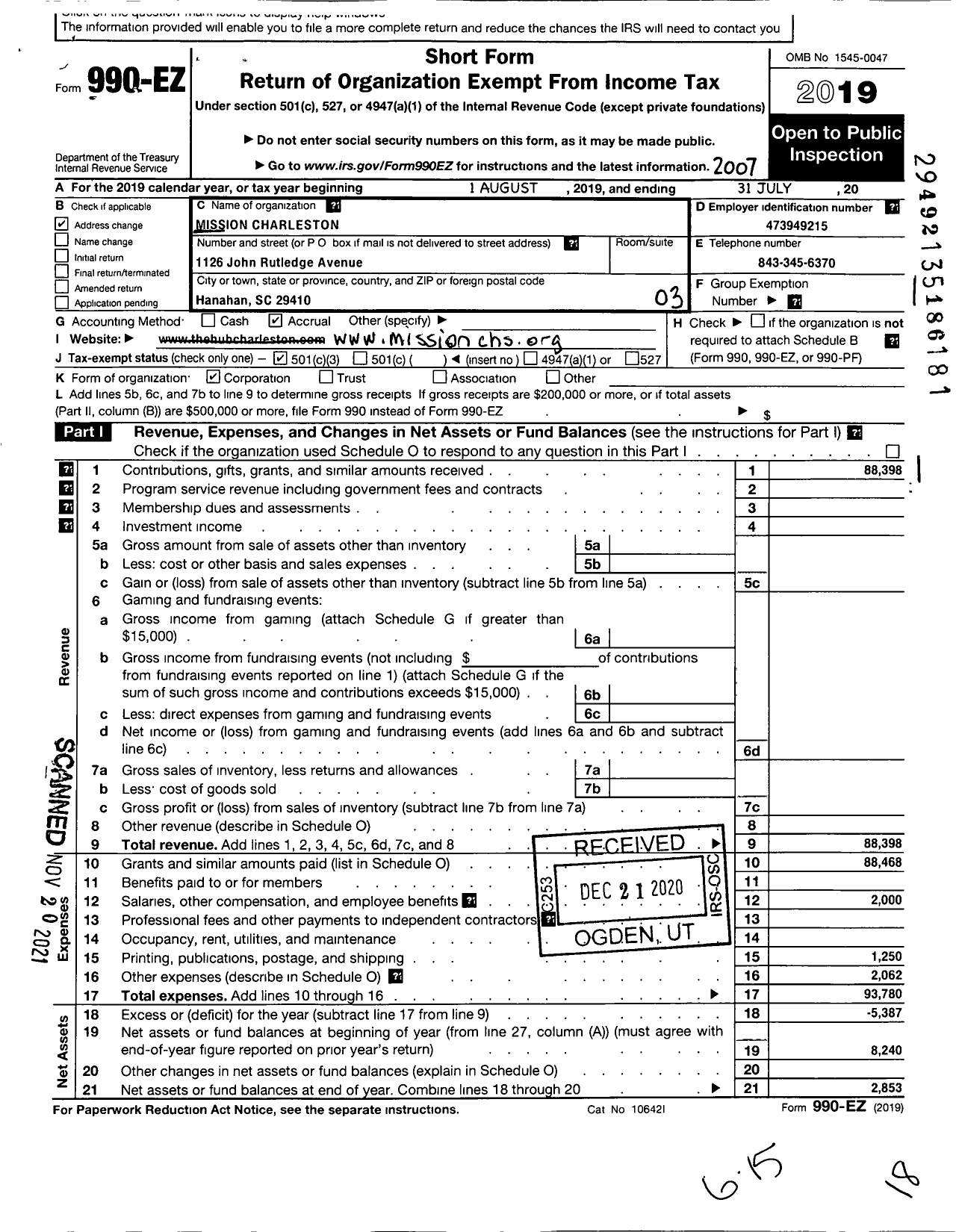 Image of first page of 2019 Form 990EZ for Mission Charleston