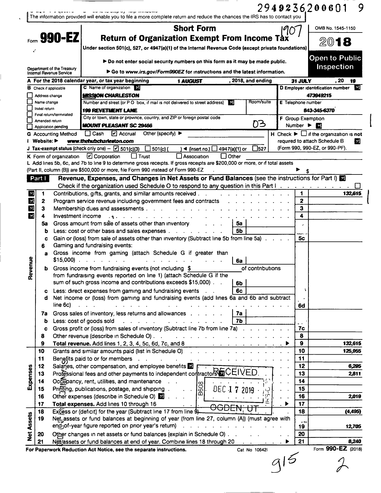 Image of first page of 2018 Form 990EZ for Mission Charleston