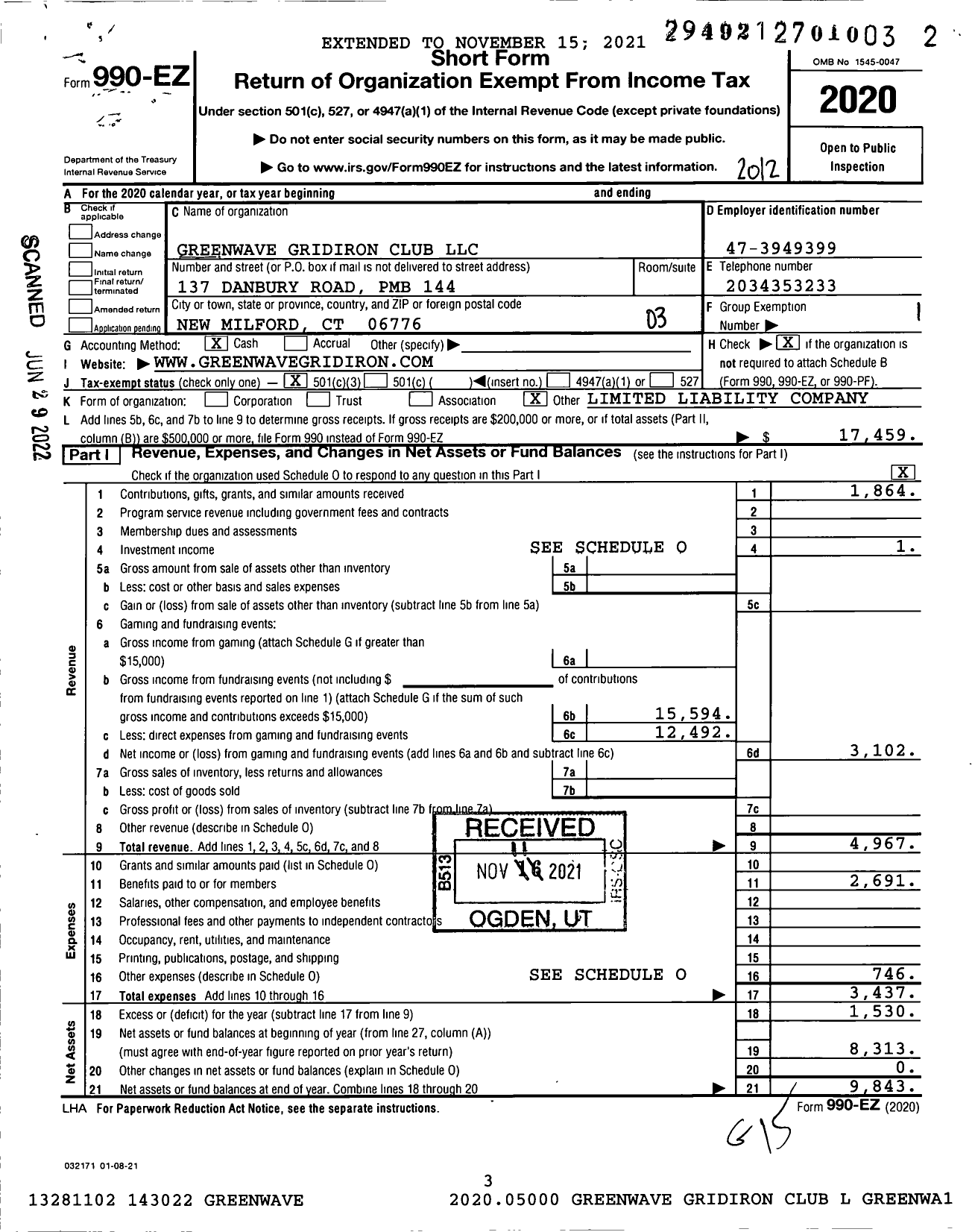 Image of first page of 2020 Form 990EZ for Greenwave Gridiron Club LLC