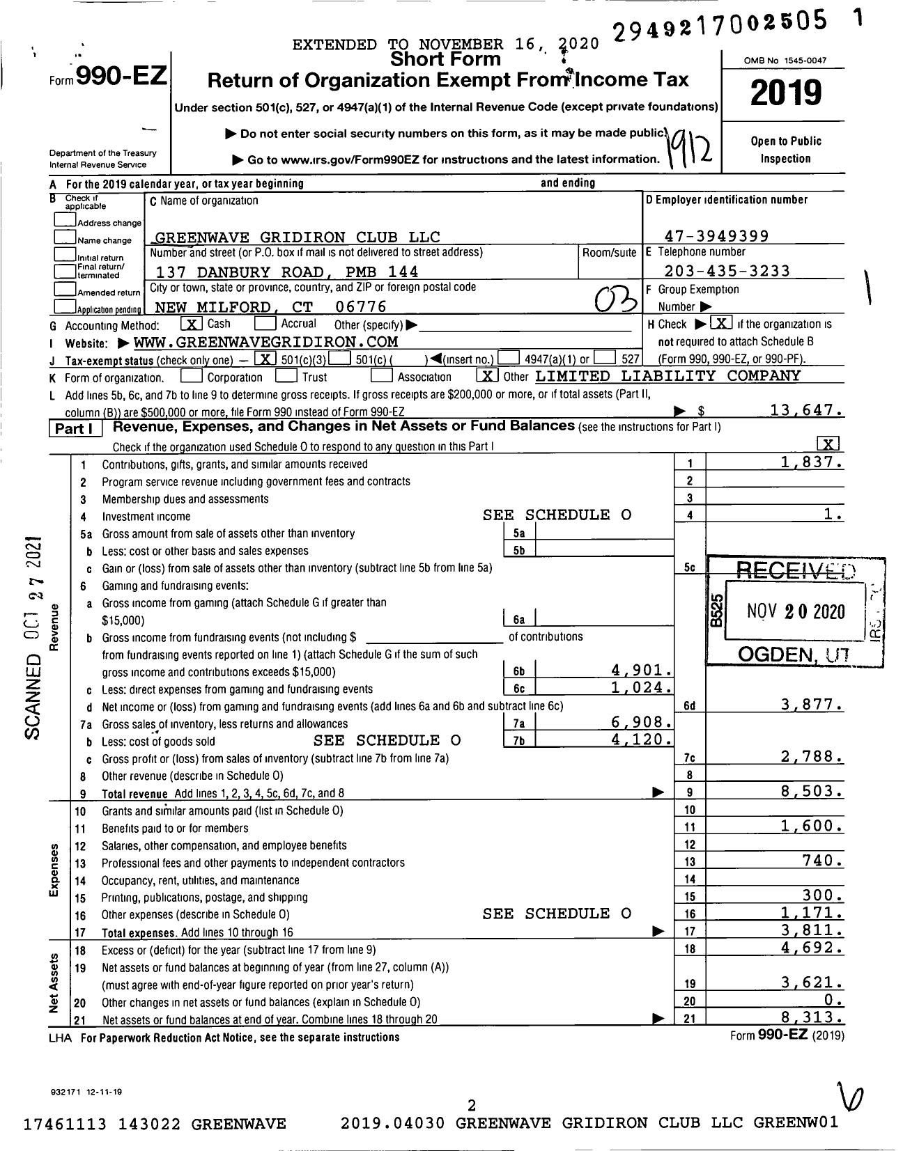 Image of first page of 2019 Form 990EZ for Greenwave Gridiron Club LLC