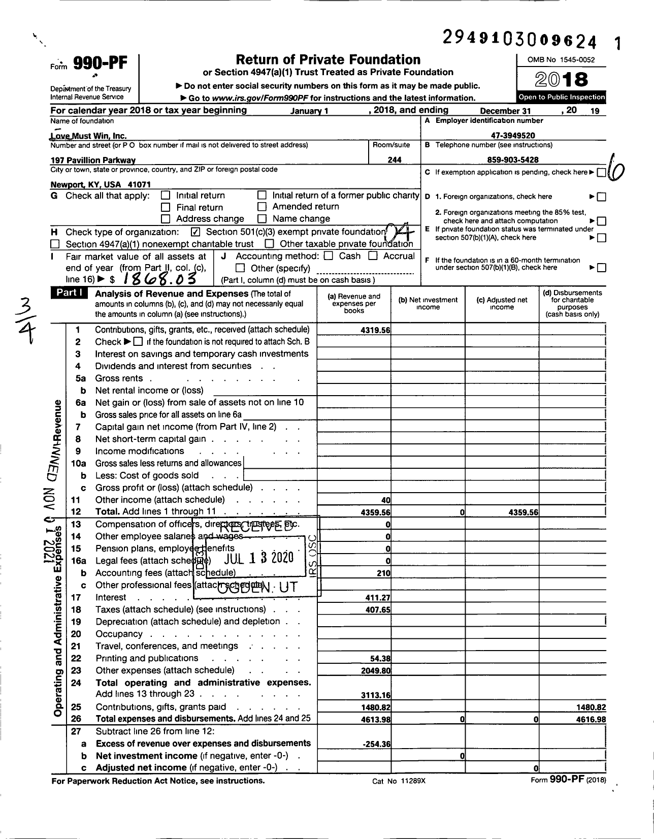 Image of first page of 2019 Form 990PF for Love Must Win