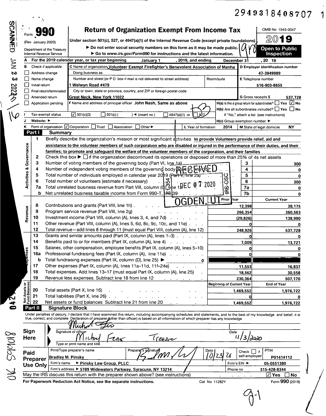 Image of first page of 2019 Form 990 for Volunteer Exempt Firefighters Benevolent Association of Manhasset-Lakev