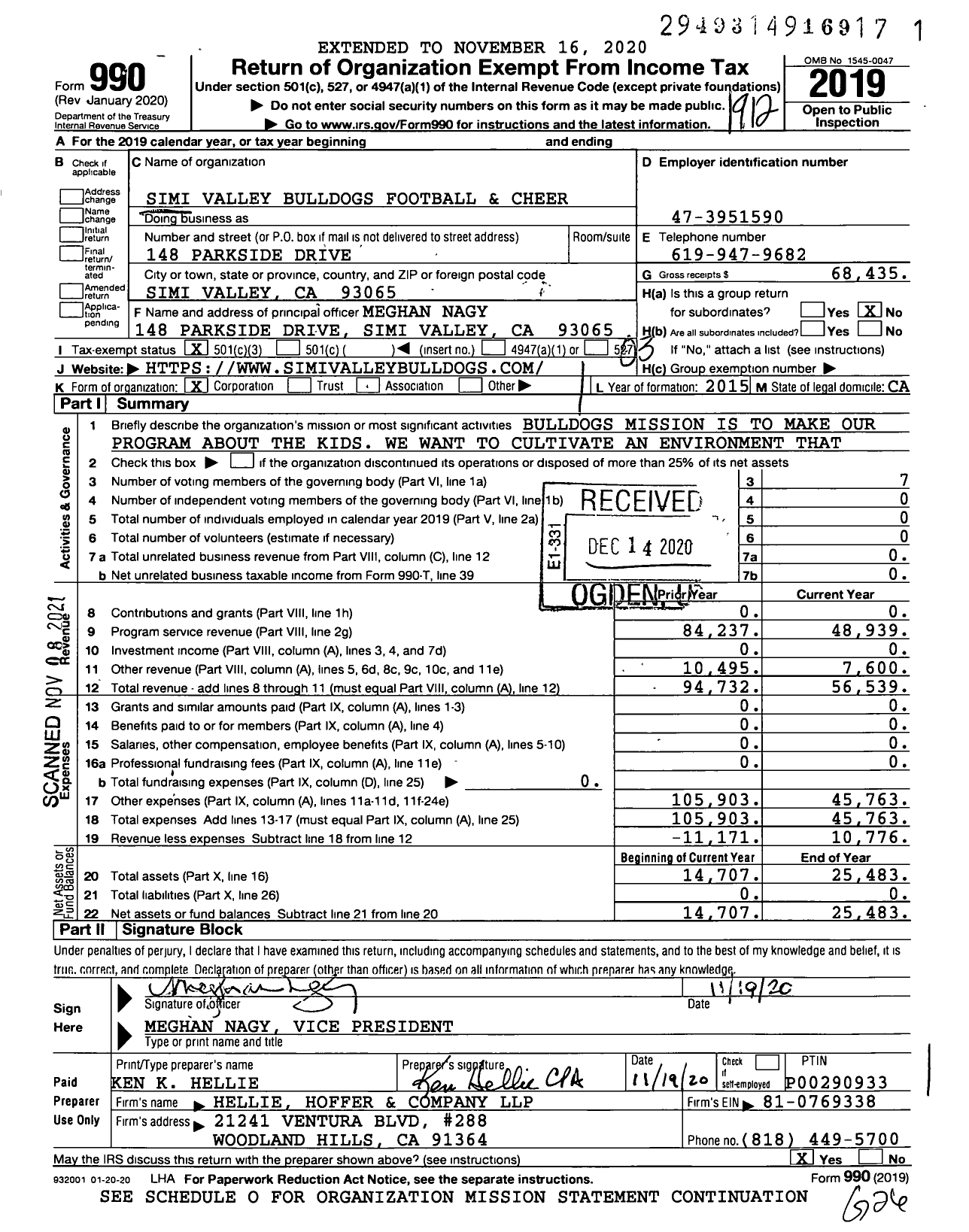 Image of first page of 2019 Form 990 for Simi Valley Bulldogs Football and Cheer