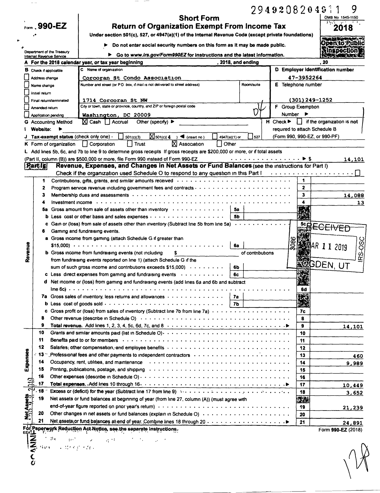 Image of first page of 2018 Form 990EO for Corcoran St Condo Association