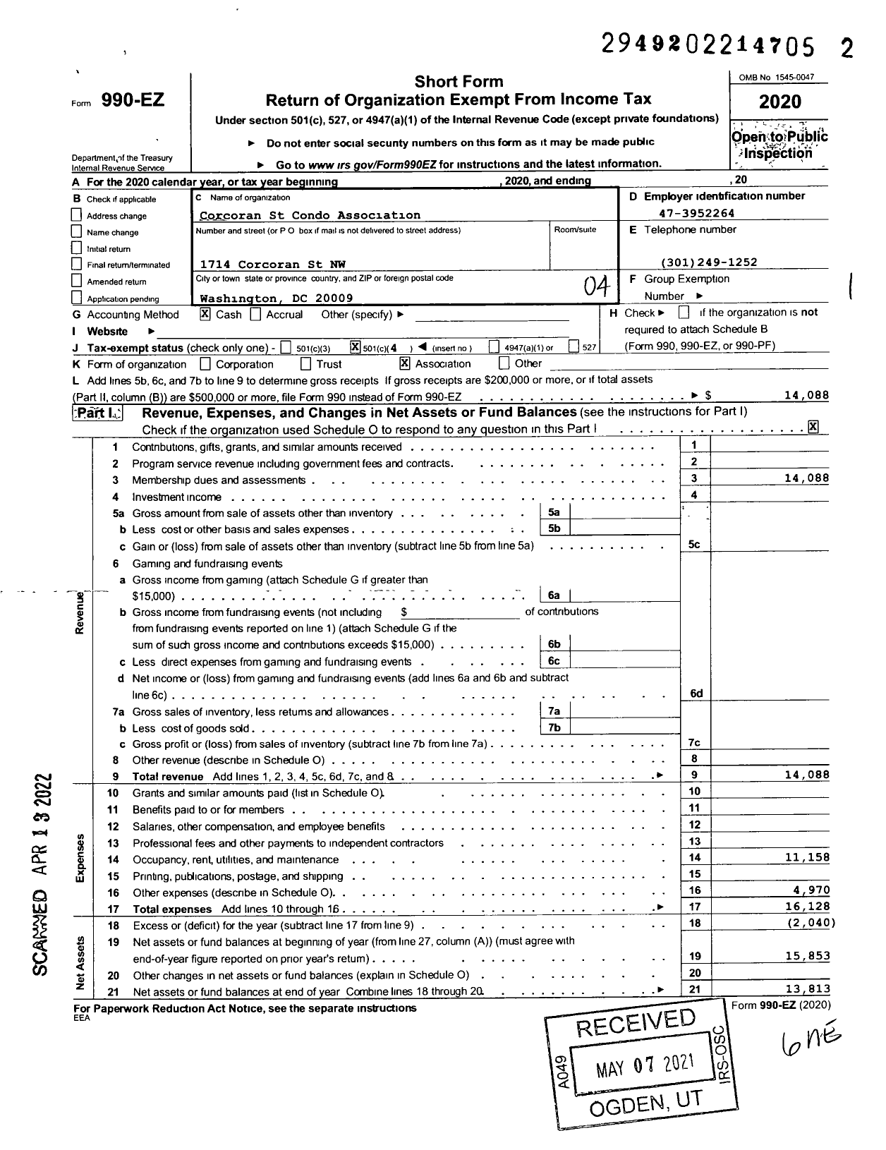 Image of first page of 2020 Form 990EO for Corcoran St Condo Association