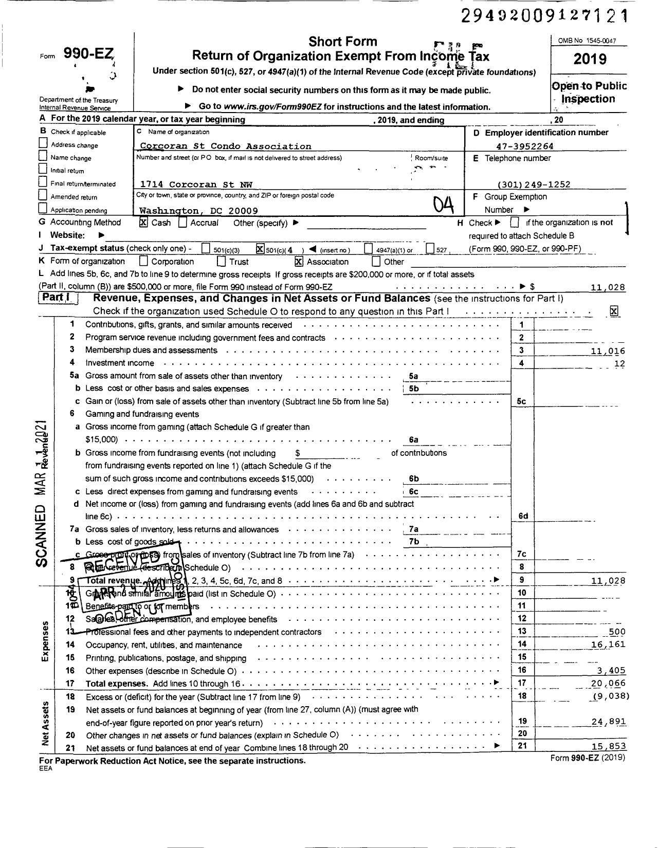 Image of first page of 2019 Form 990EO for Corcoran St Condo Association