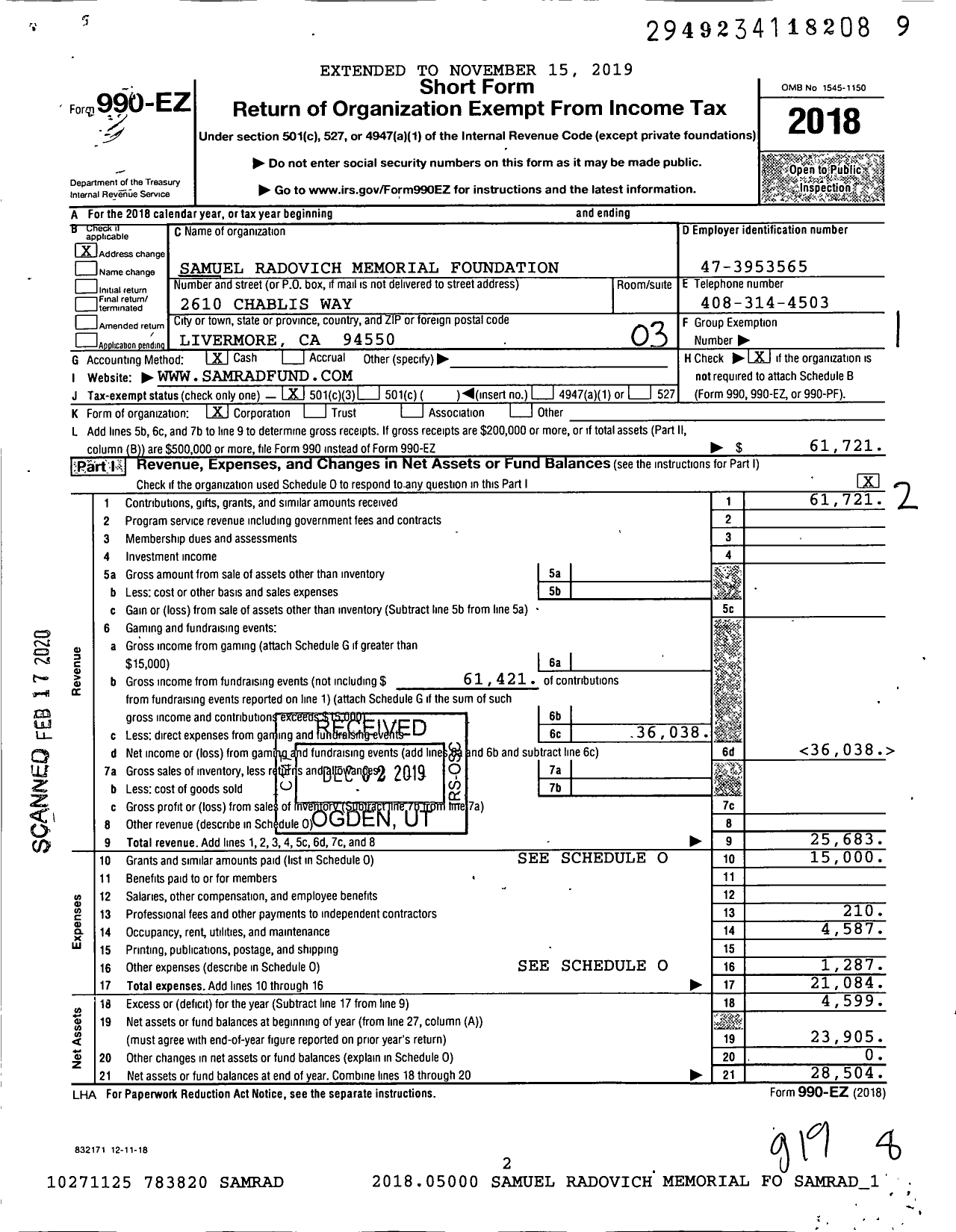 Image of first page of 2018 Form 990EZ for Samuel Radovich Memorial Foundation