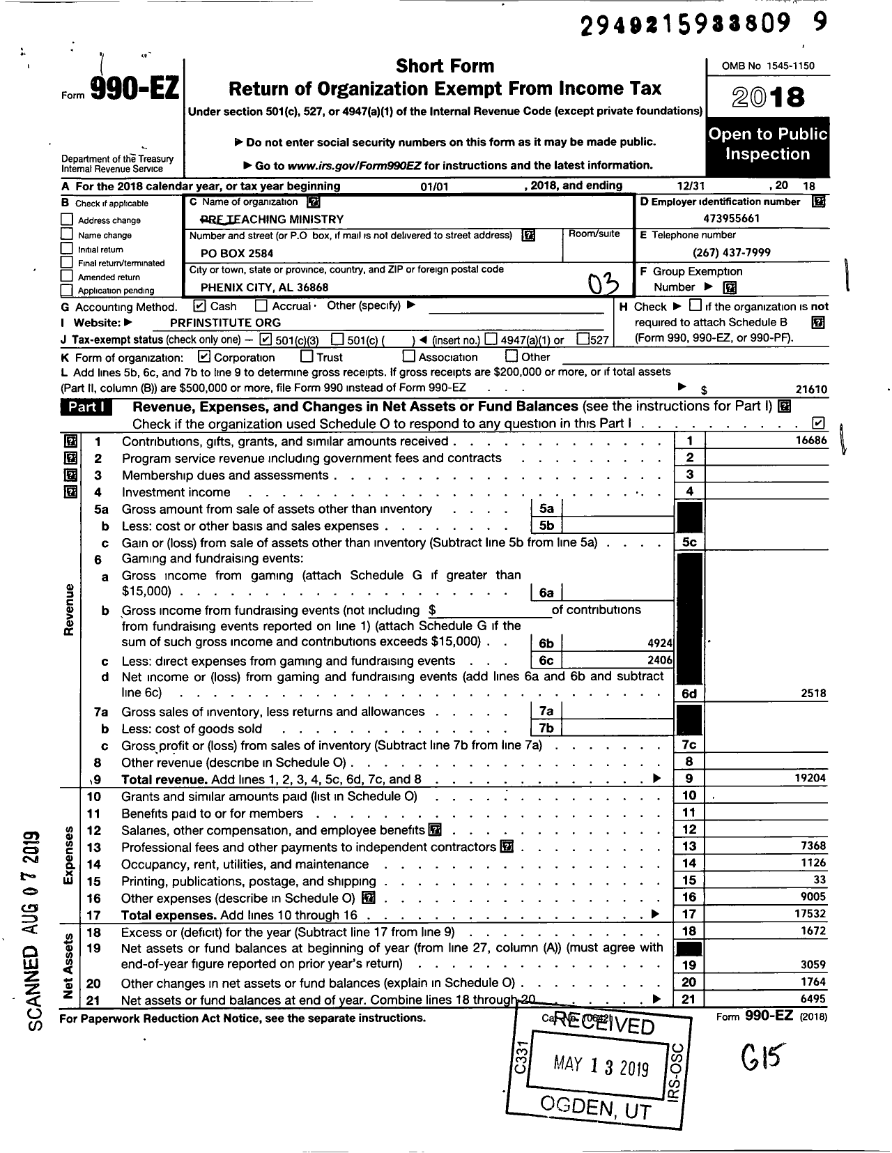 Image of first page of 2018 Form 990EZ for PRF Ministry