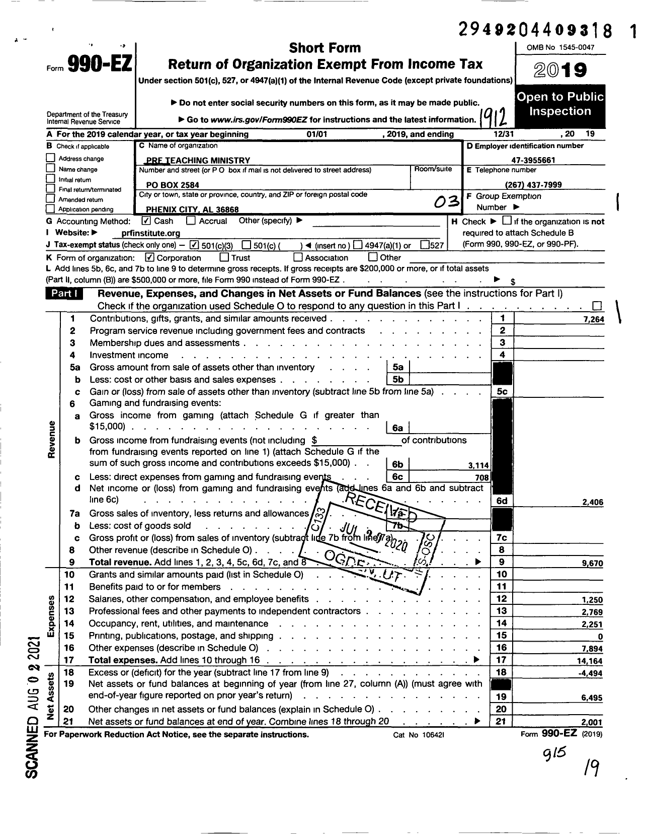 Image of first page of 2019 Form 990EZ for PRF Ministry