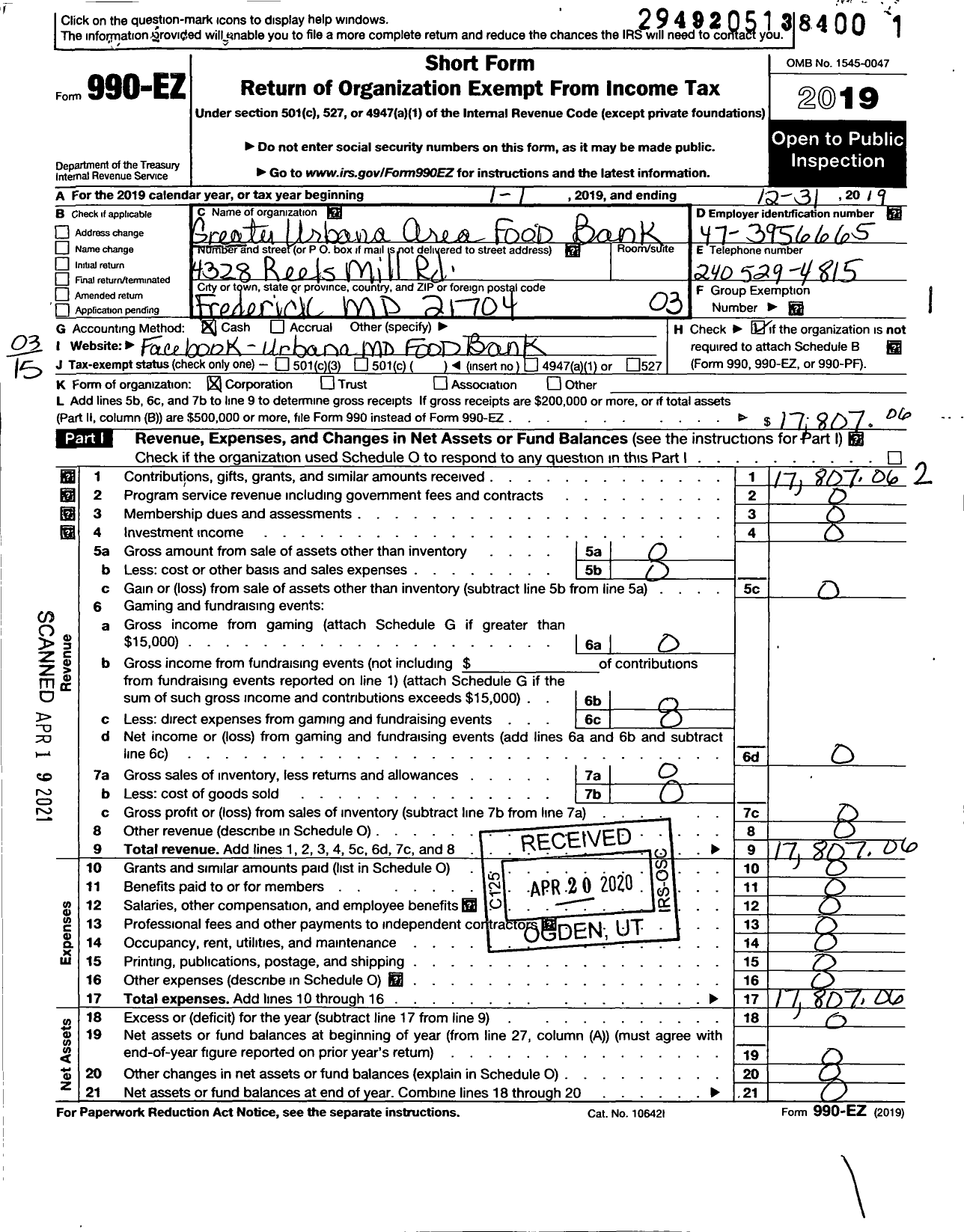 Image of first page of 2019 Form 990EZ for Greater Urbana Area Food Bank