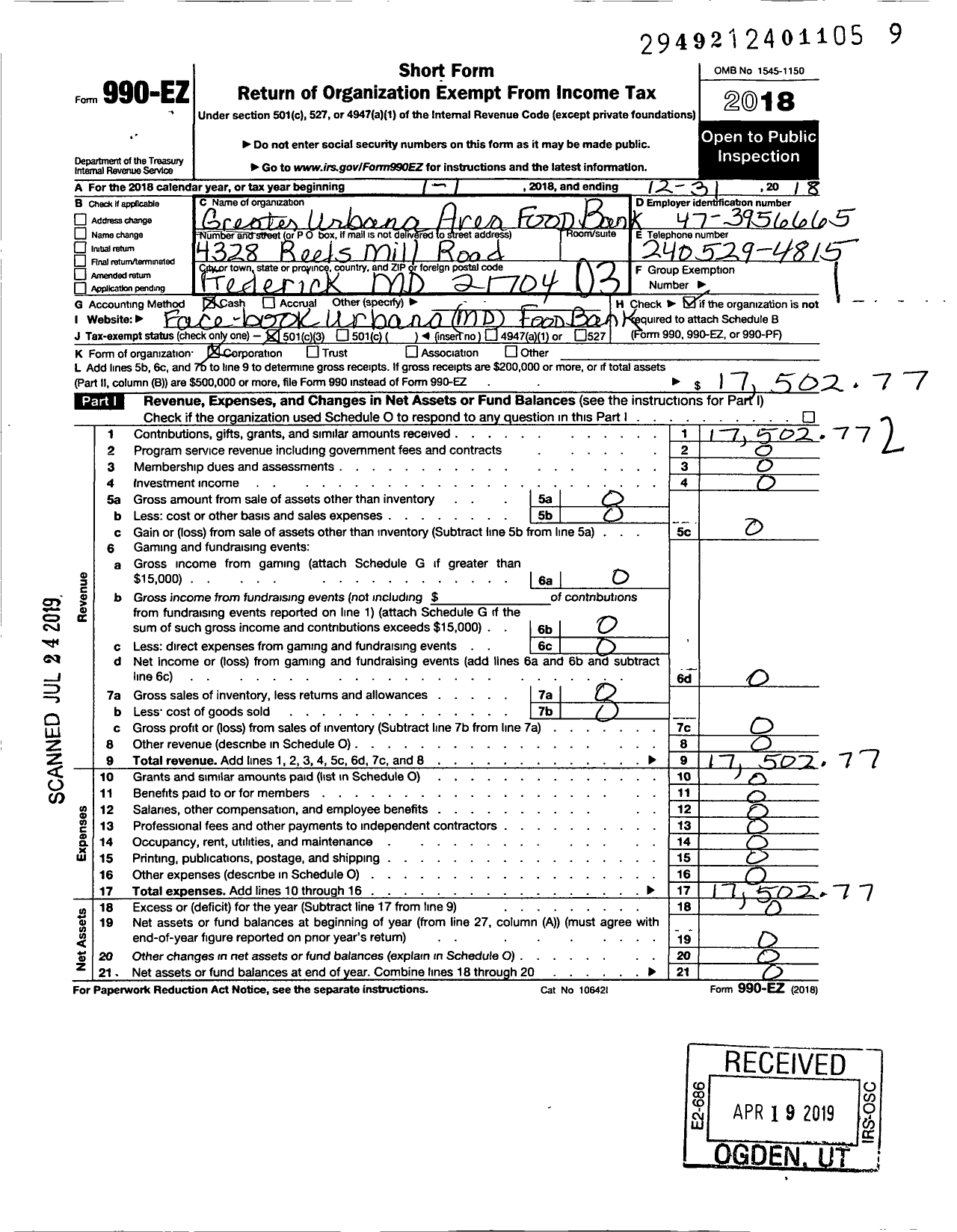 Image of first page of 2018 Form 990EZ for Greater Urbana Area Food Bank