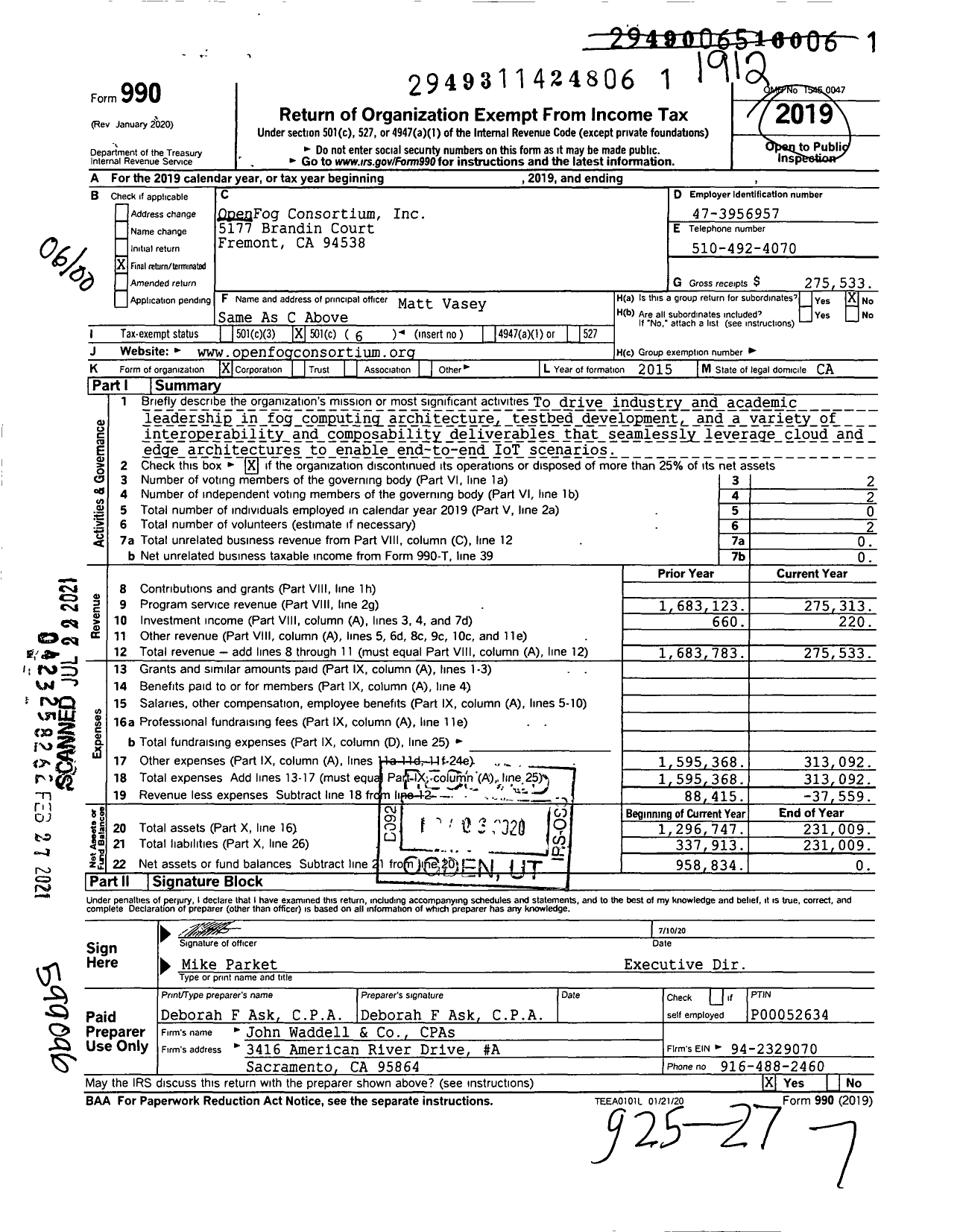 Image of first page of 2019 Form 990O for OpenFog Consortium