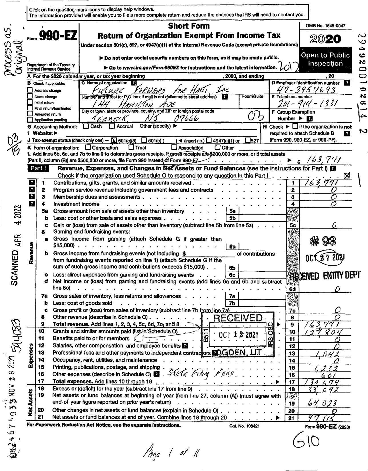 Image of first page of 2020 Form 990EZ for Future Forward for Haiti