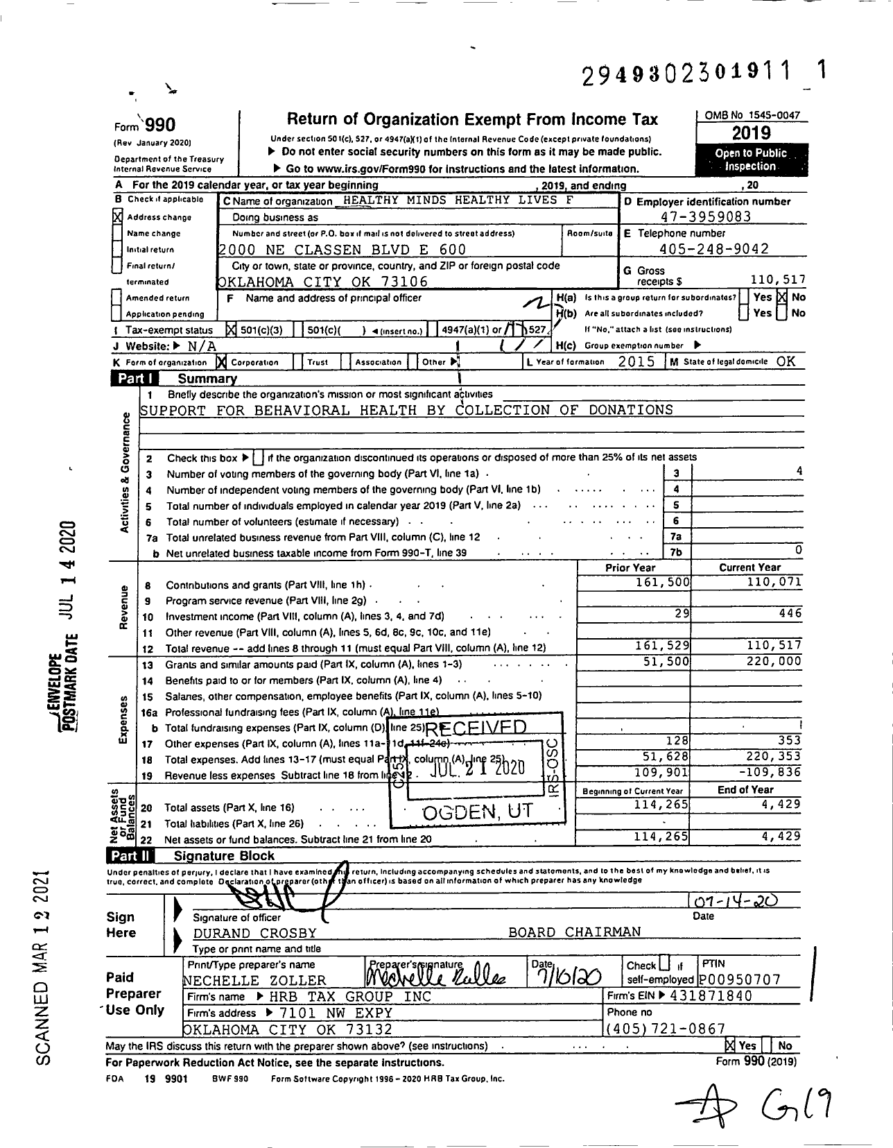 Image of first page of 2019 Form 990 for Healthy Minds Healthy Lives Foundation