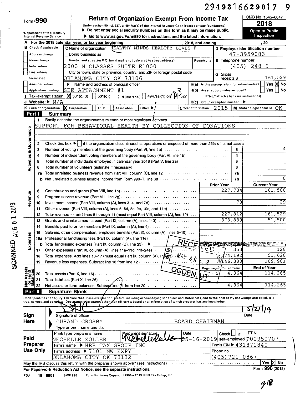 Image of first page of 2018 Form 990 for Healthy Minds Healthy Lives Foundation