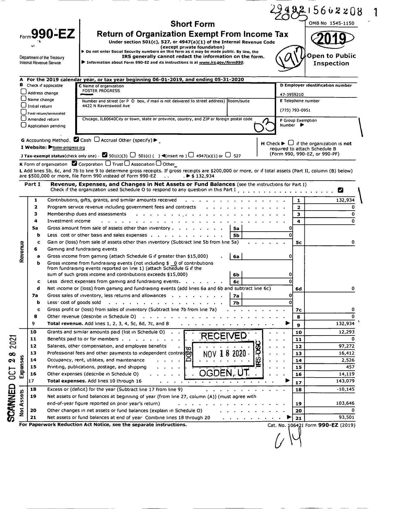 Image of first page of 2019 Form 990EZ for Foster Progress