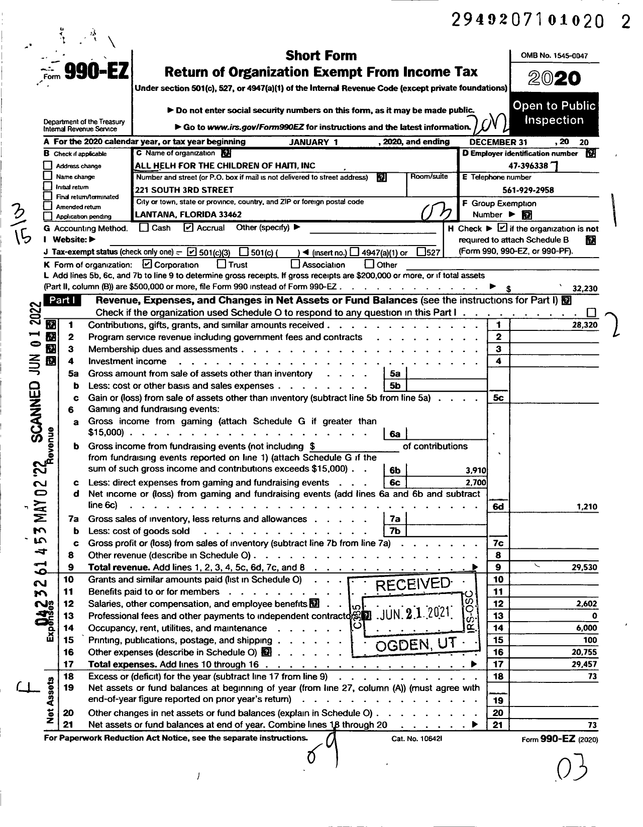 Image of first page of 2020 Form 990EZ for All Help for the Children of Haiti