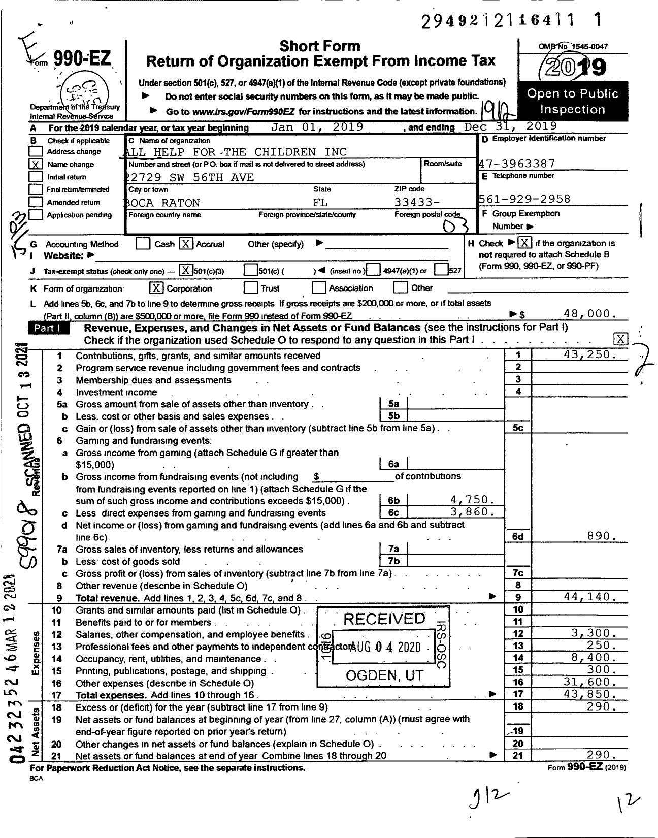 Image of first page of 2019 Form 990EZ for All Help for the Children of Haiti