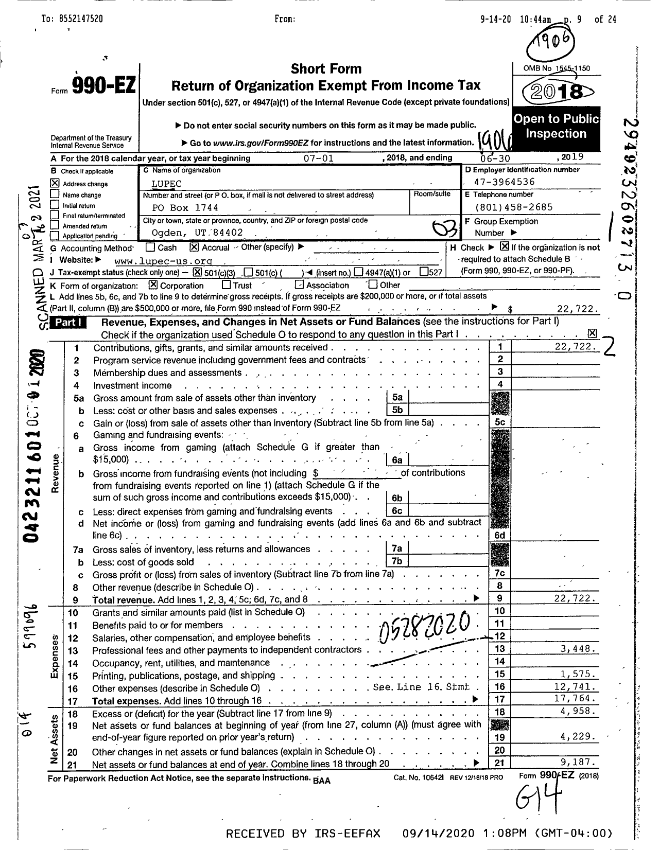 Image of first page of 2018 Form 990EZ for Lupec