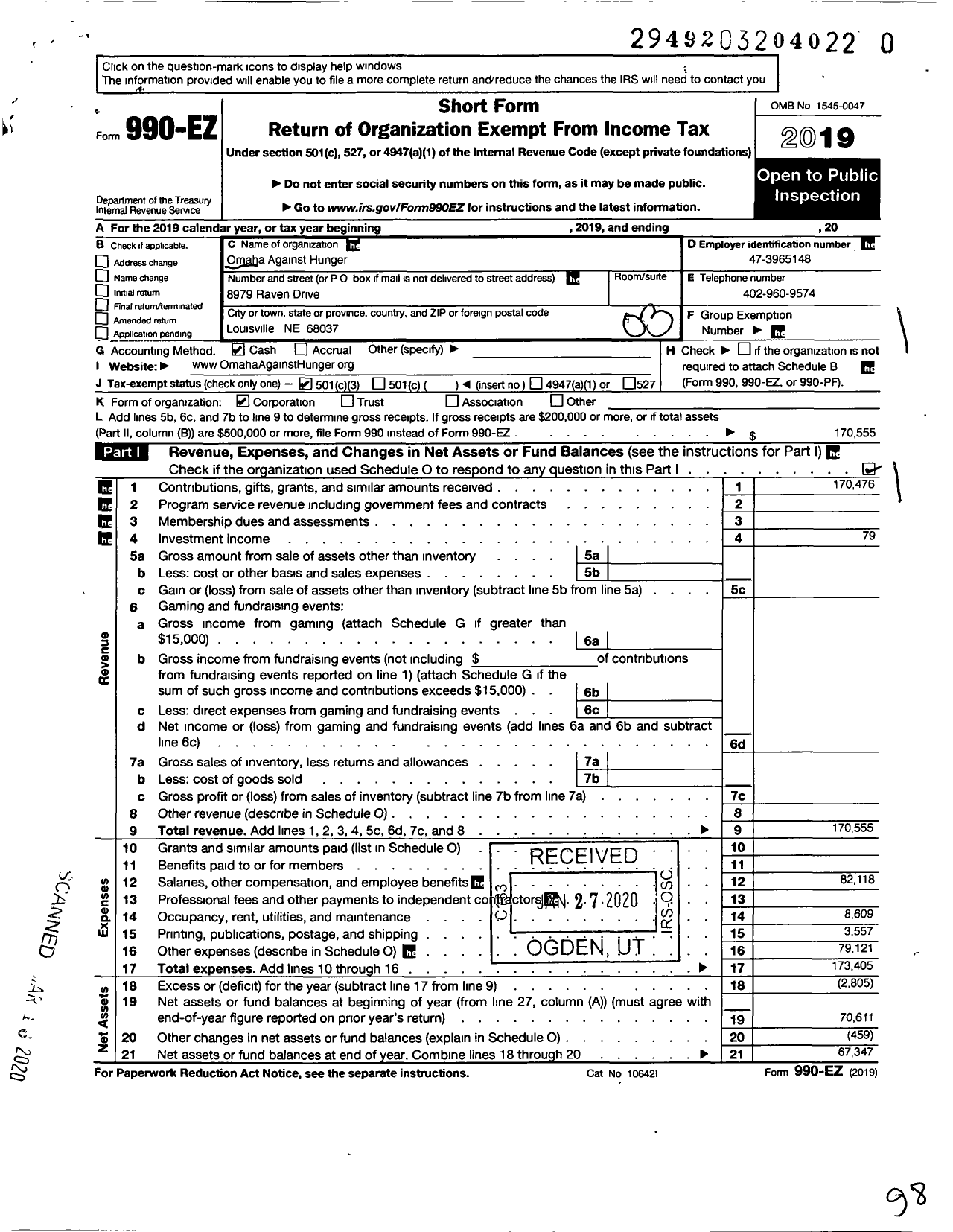 Image of first page of 2019 Form 990EZ for Omaha Against Hunger