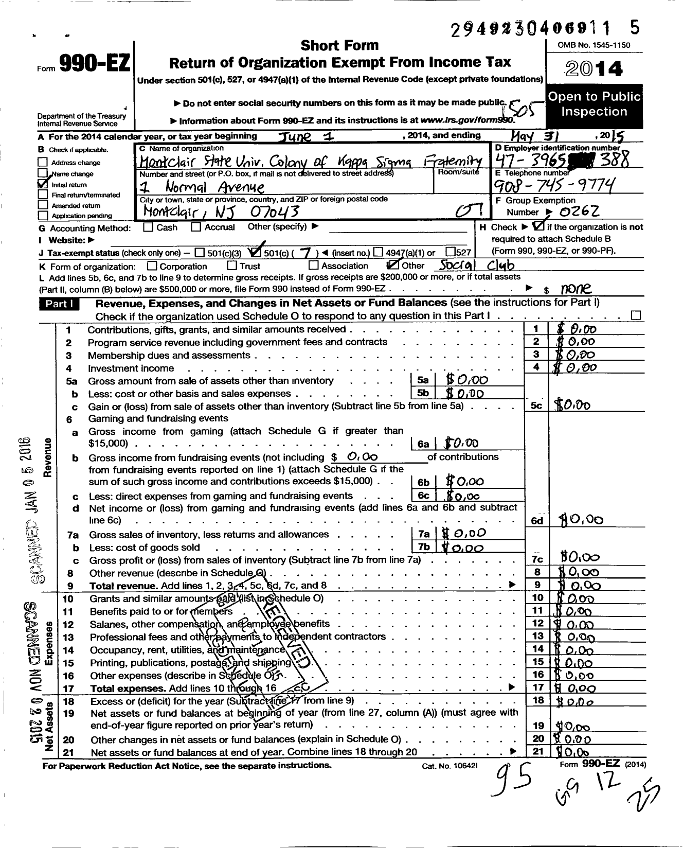 Image of first page of 2014 Form 990EO for Kappa Sigma Fraternity - Tau-Omega Chapter