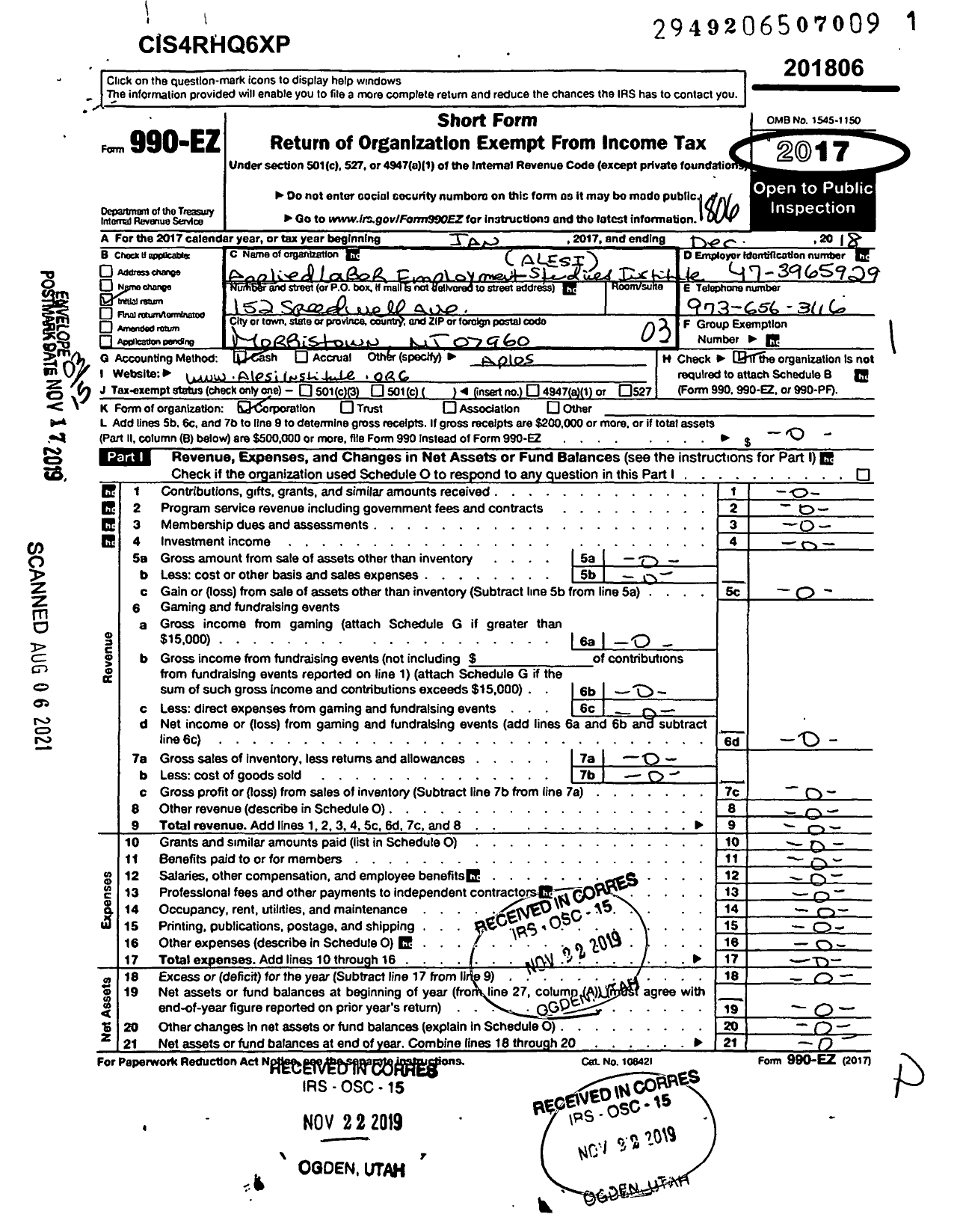 Image of first page of 2017 Form 990EZ for Applied Labor Employment Studies Institute (ALESI)