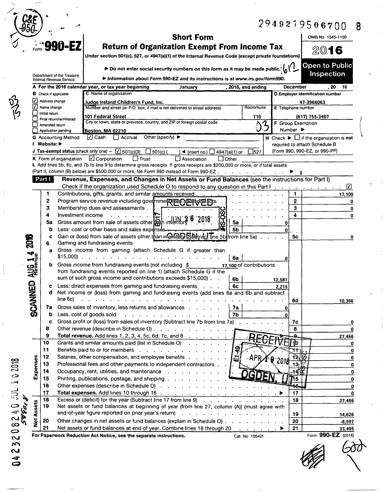 Image of first page of 2016 Form 990EZ for Judge Ireland Childrens Fund