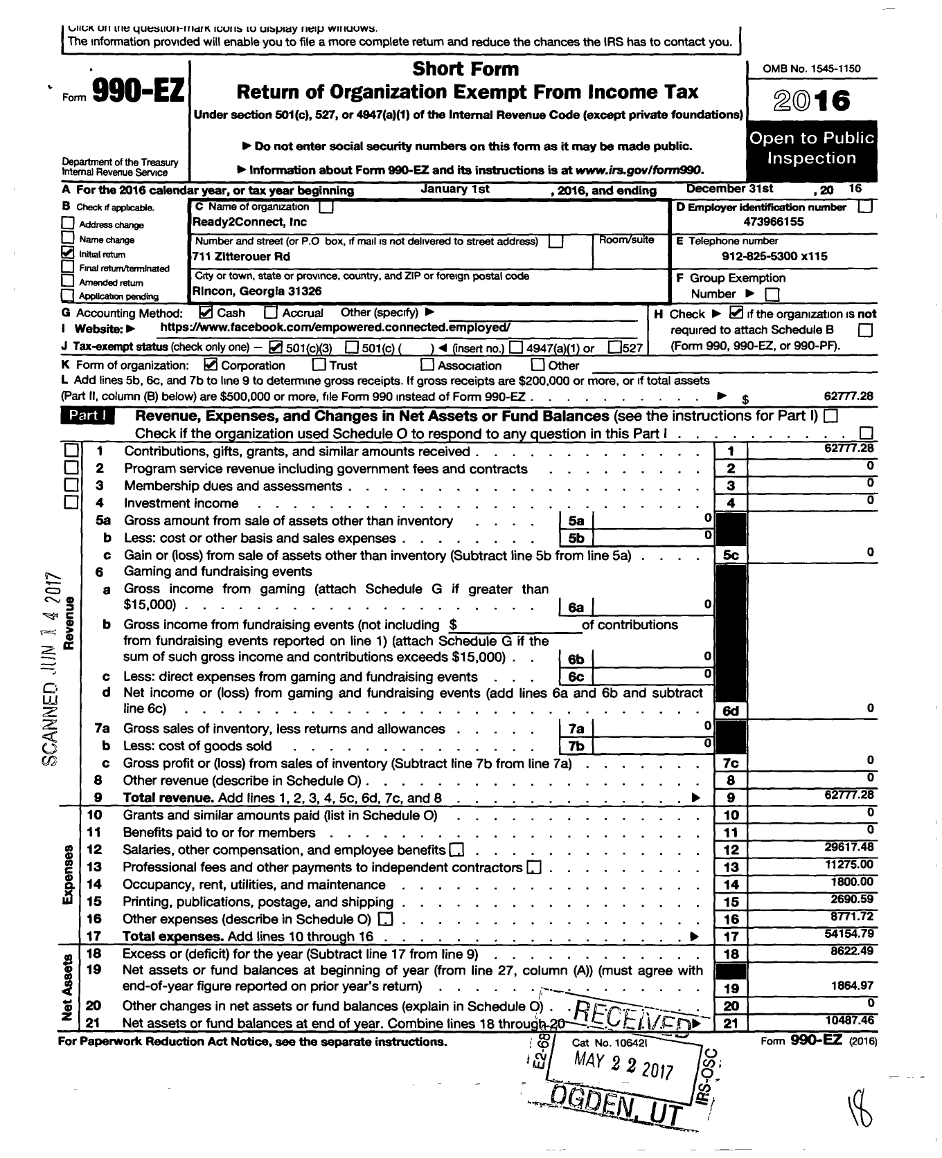 Image of first page of 2016 Form 990EZ for Ready2connect