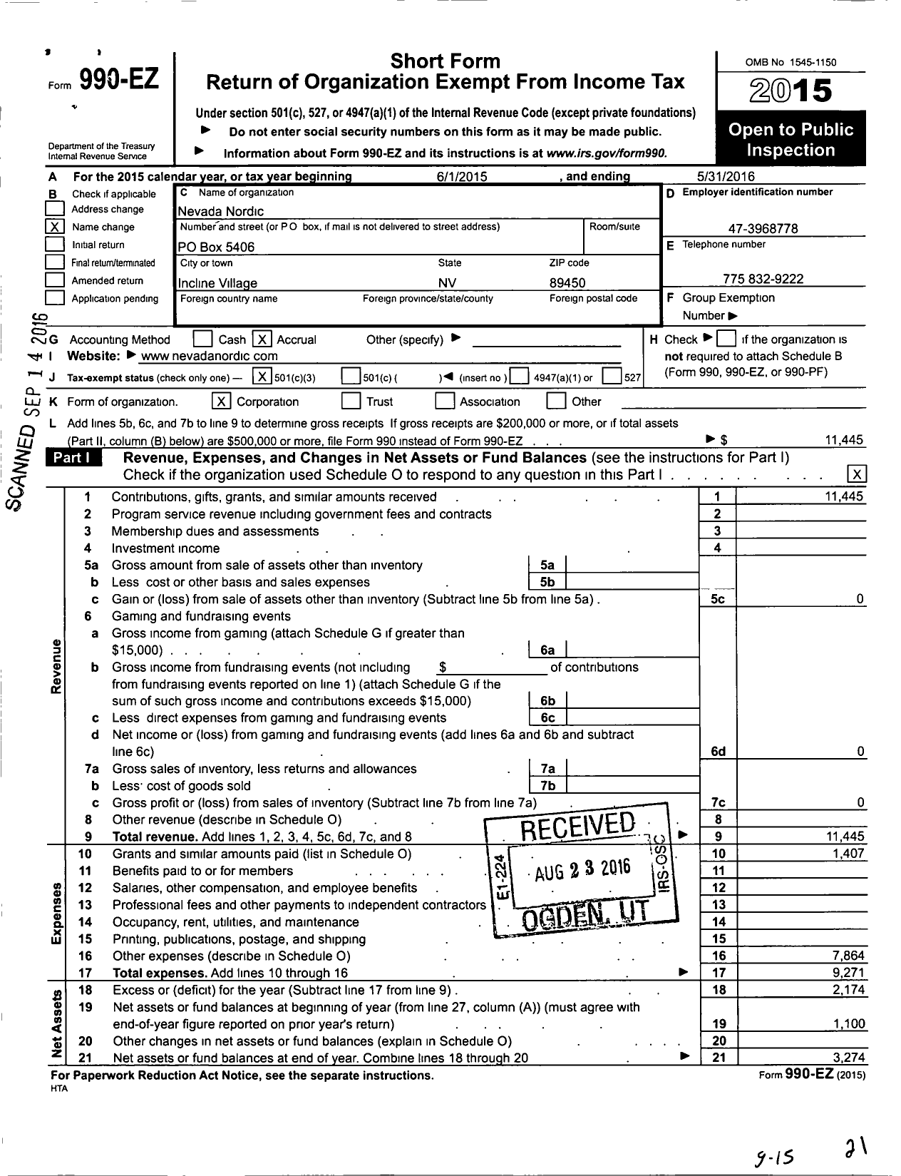 Image of first page of 2015 Form 990EZ for Nevada Nordic