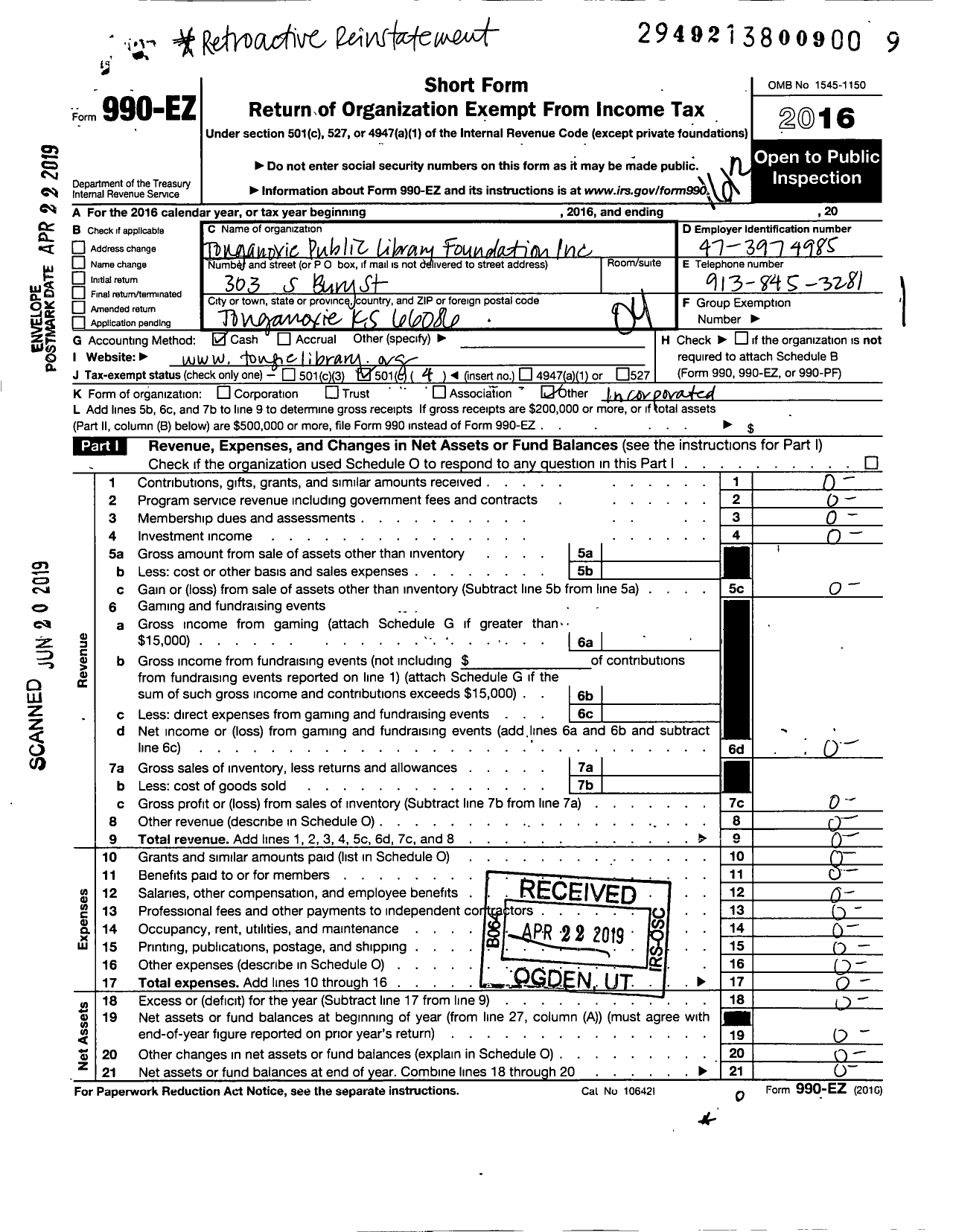 Image of first page of 2016 Form 990EO for Tonganoxie Public Library Foundation