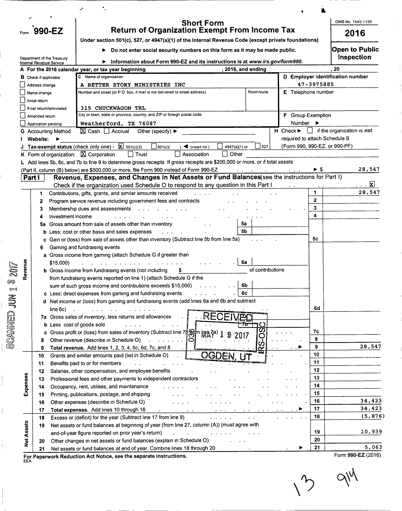 Image of first page of 2016 Form 990EZ for A Better Story Ministries