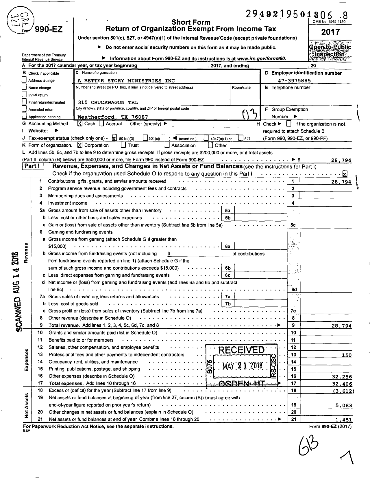 Image of first page of 2017 Form 990EZ for A Better Story Ministries