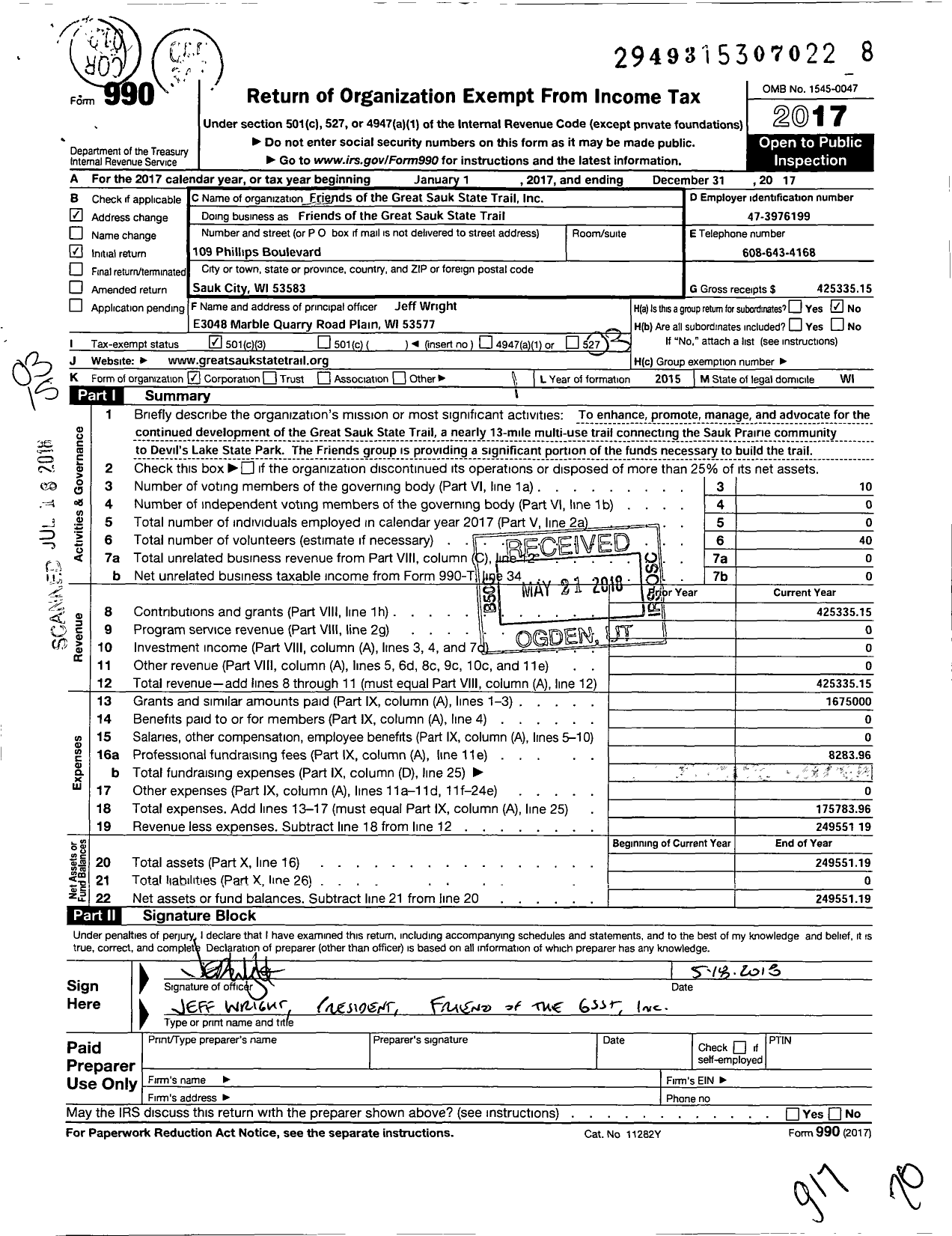 Image of first page of 2017 Form 990 for Friends of the Great Sauk State Trail