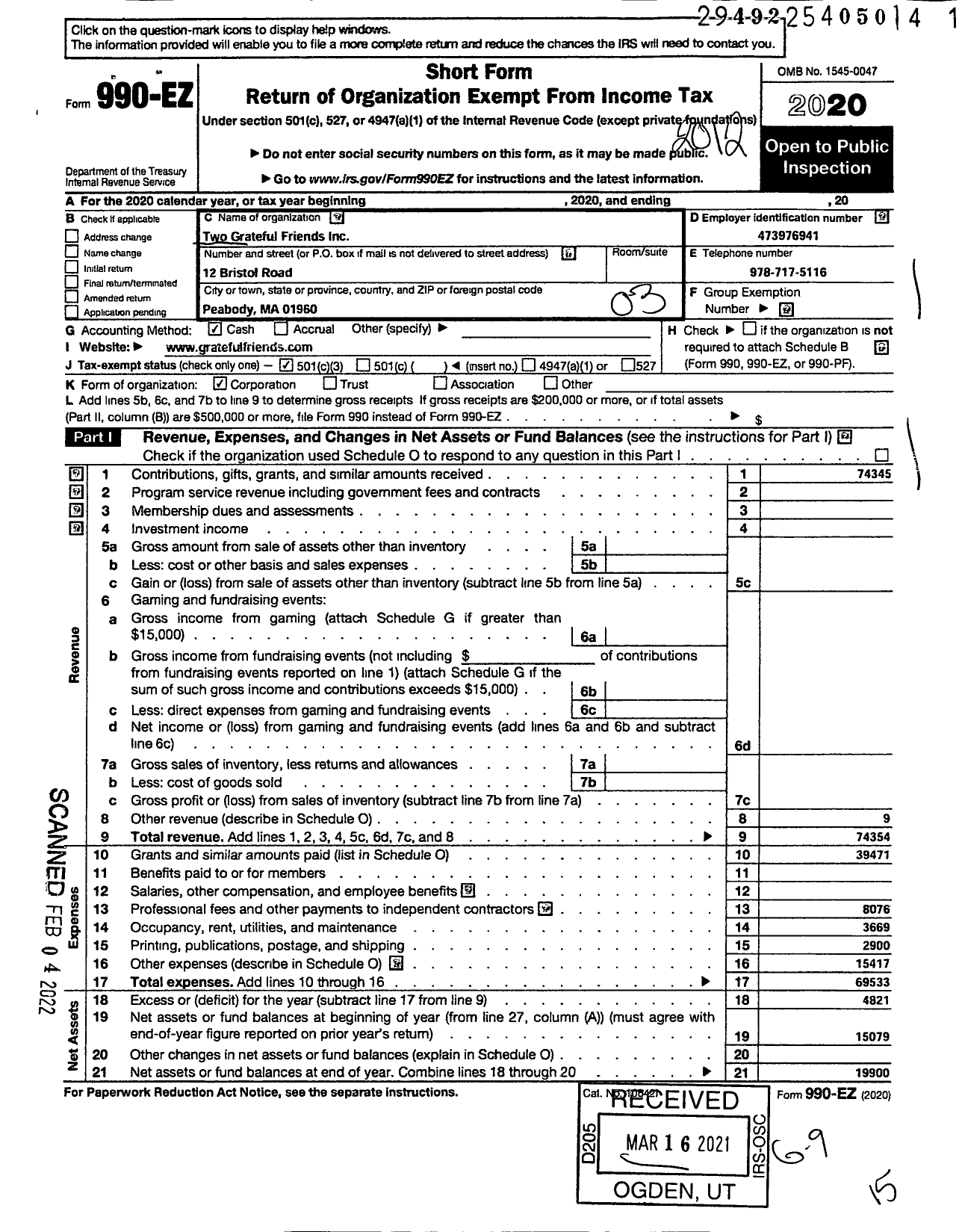 Image of first page of 2020 Form 990EZ for Two Grateful Friends