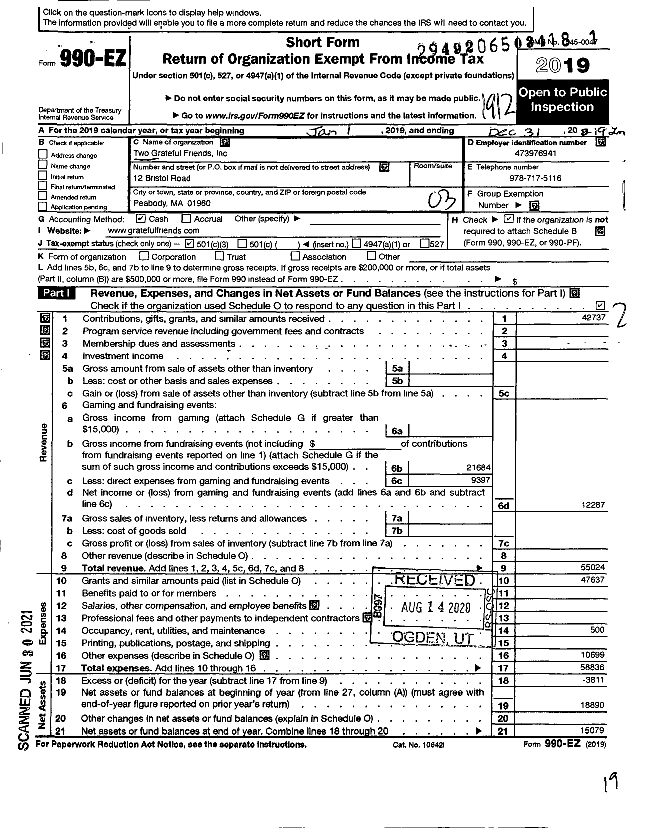 Image of first page of 2019 Form 990EZ for Two Grateful Friends