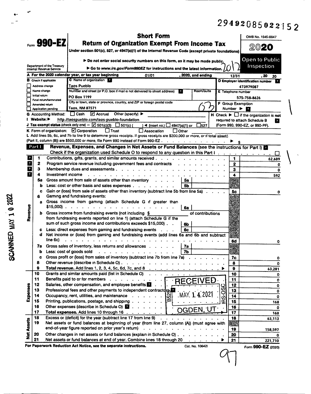 Image of first page of 2020 Form 990EZ for Taos Pueblo Foundation