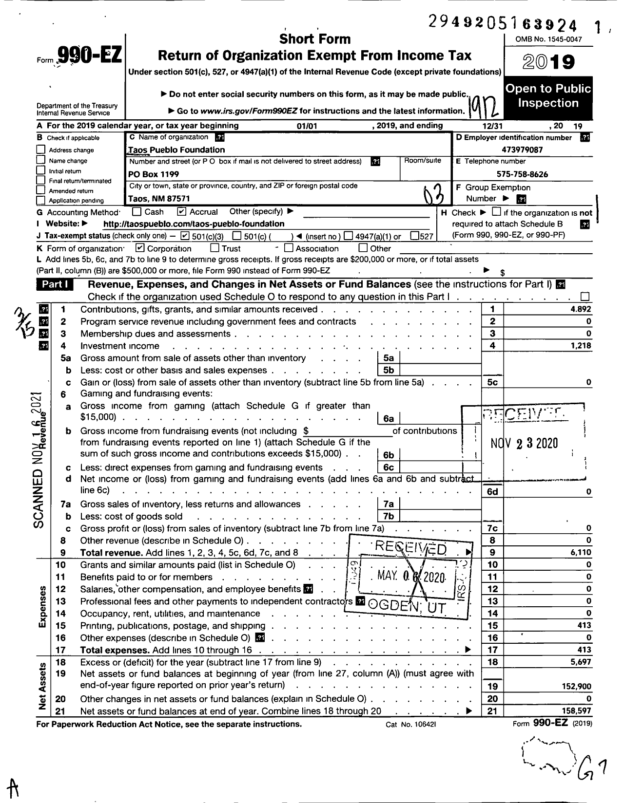 Image of first page of 2019 Form 990EZ for Taos Pueblo Foundation