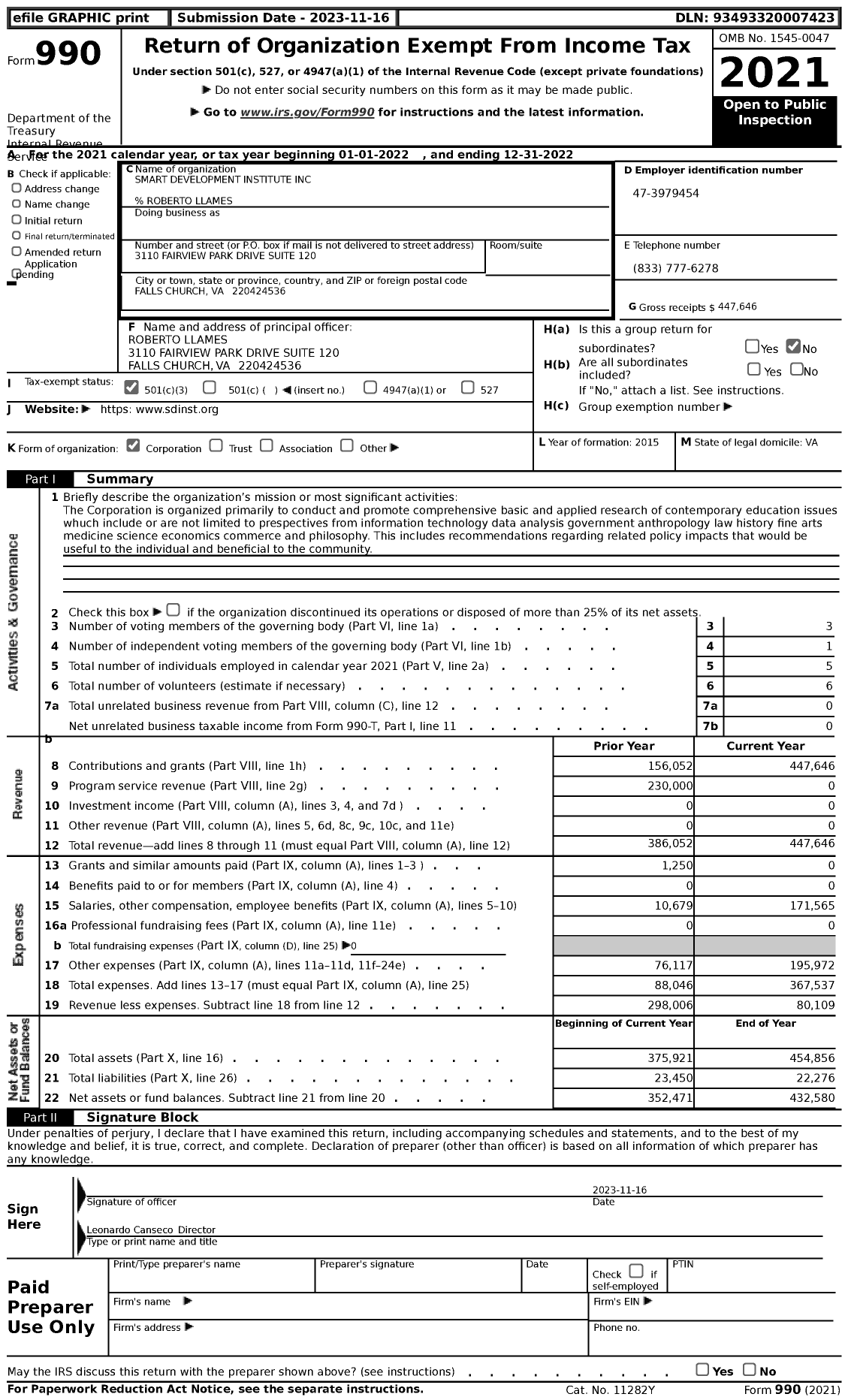 Image of first page of 2022 Form 990 for Smart Development Institute