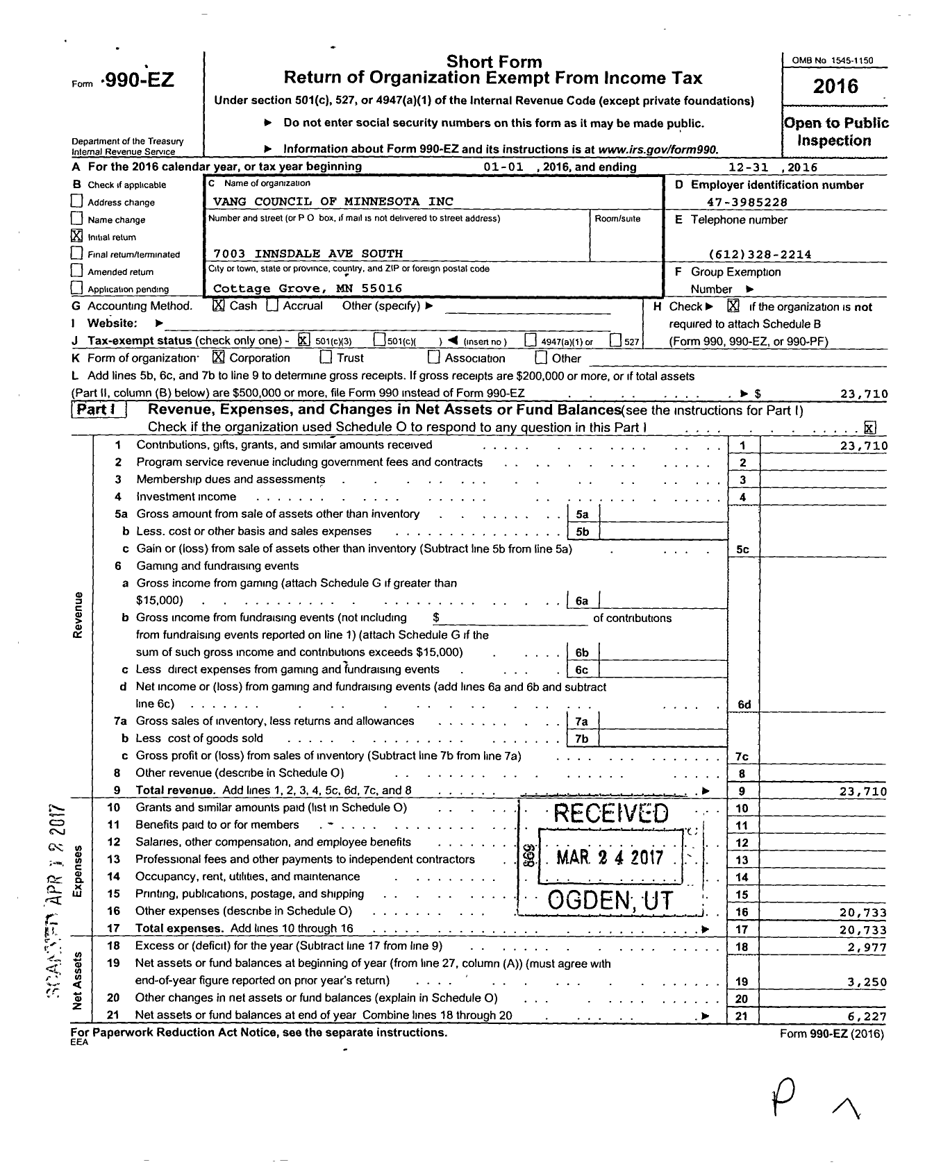 Image of first page of 2016 Form 990EZ for Vang Council of Minnesota