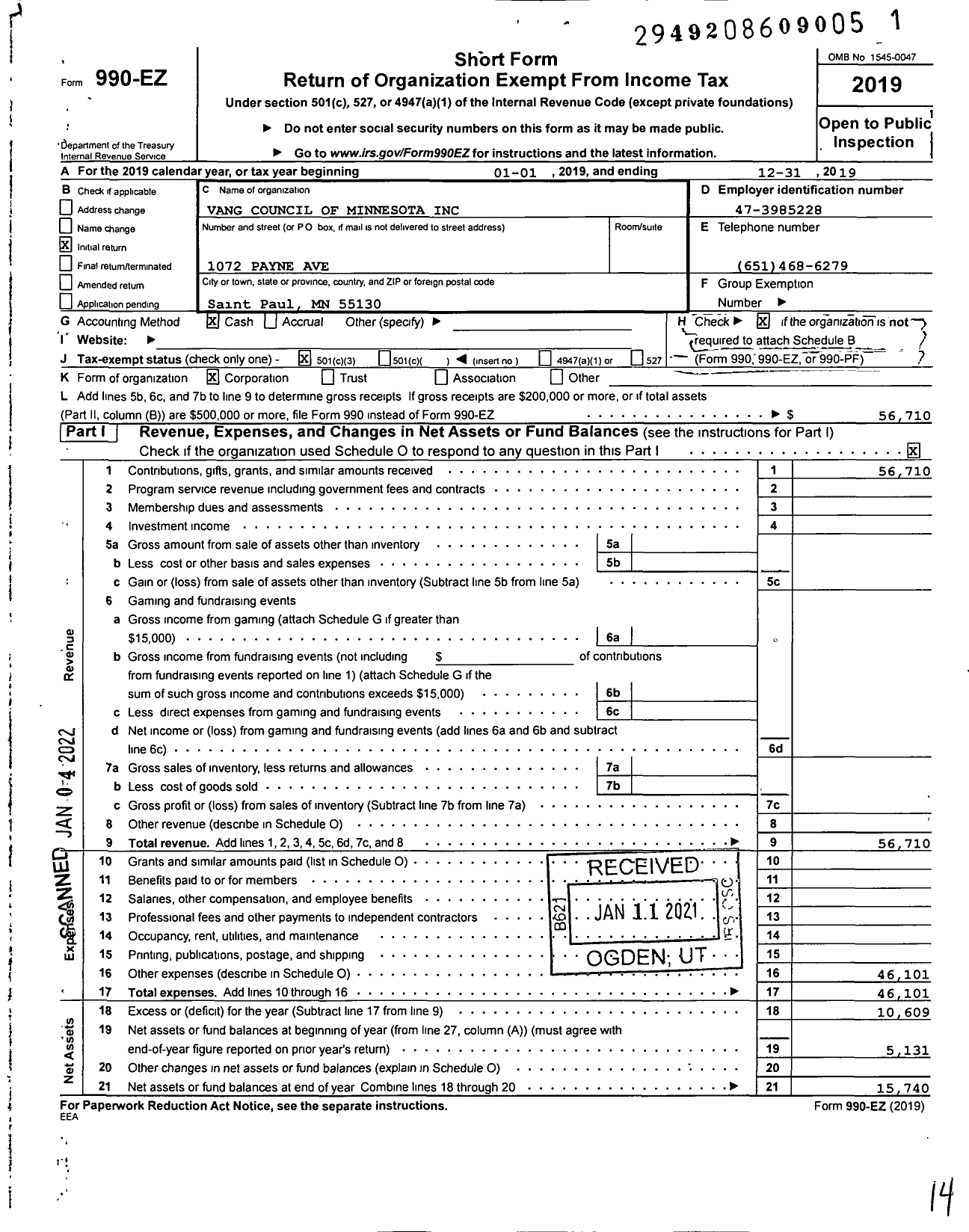 Image of first page of 2019 Form 990EZ for Vang Council of Minnesota