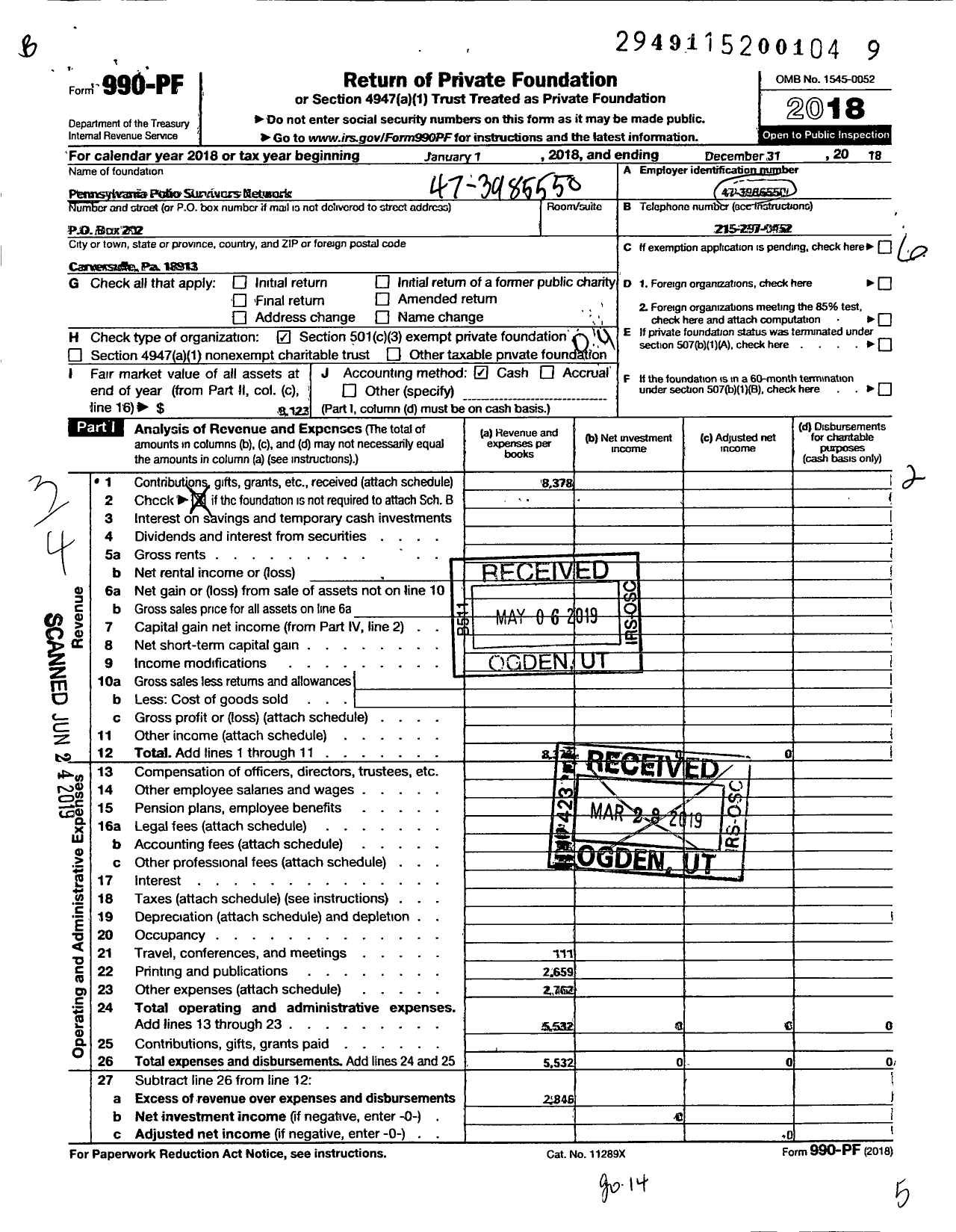 Image of first page of 2018 Form 990PF for Pennsylvania Polio Survivors Network