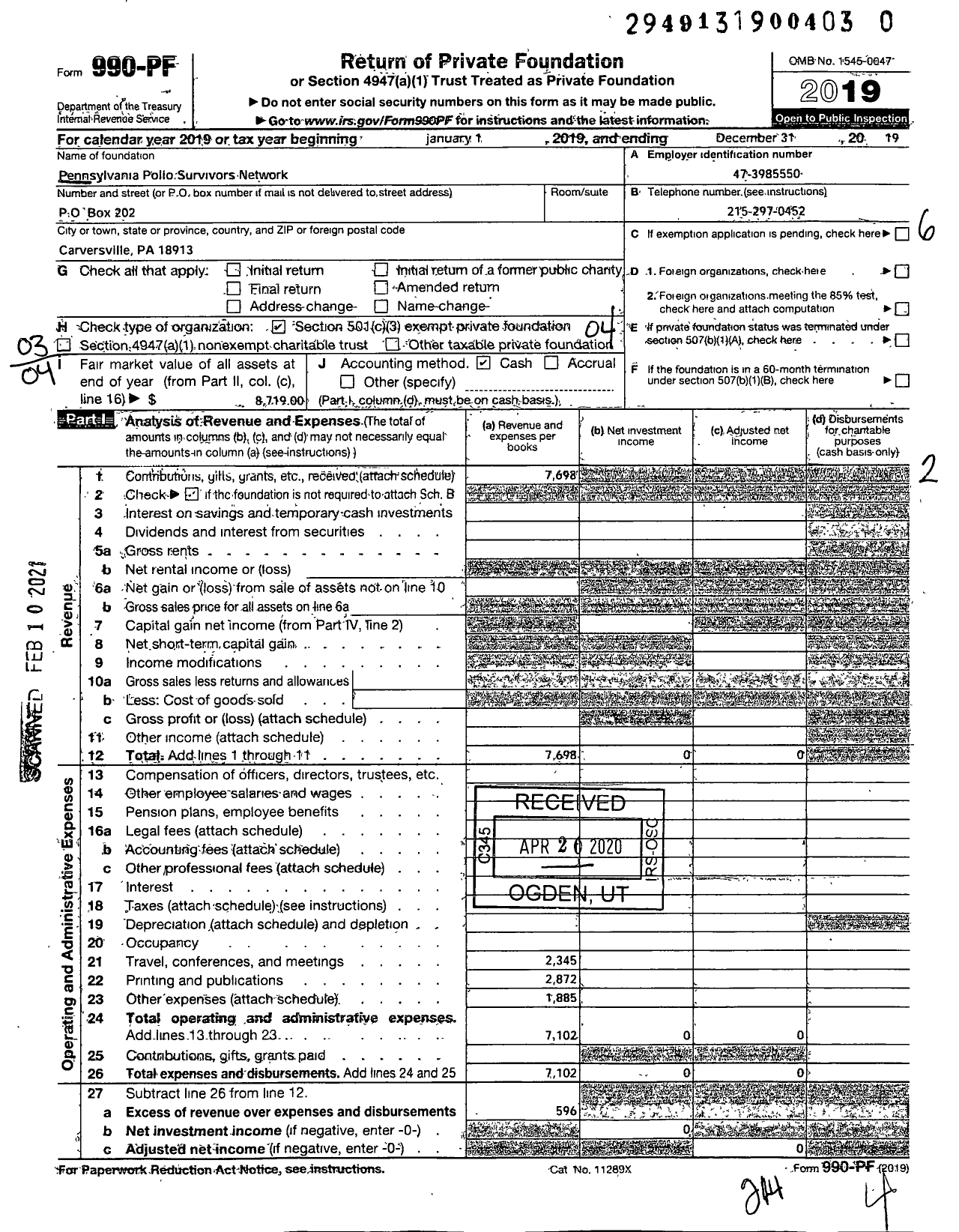 Image of first page of 2019 Form 990PF for Pennsylvania Polio Survivors Network