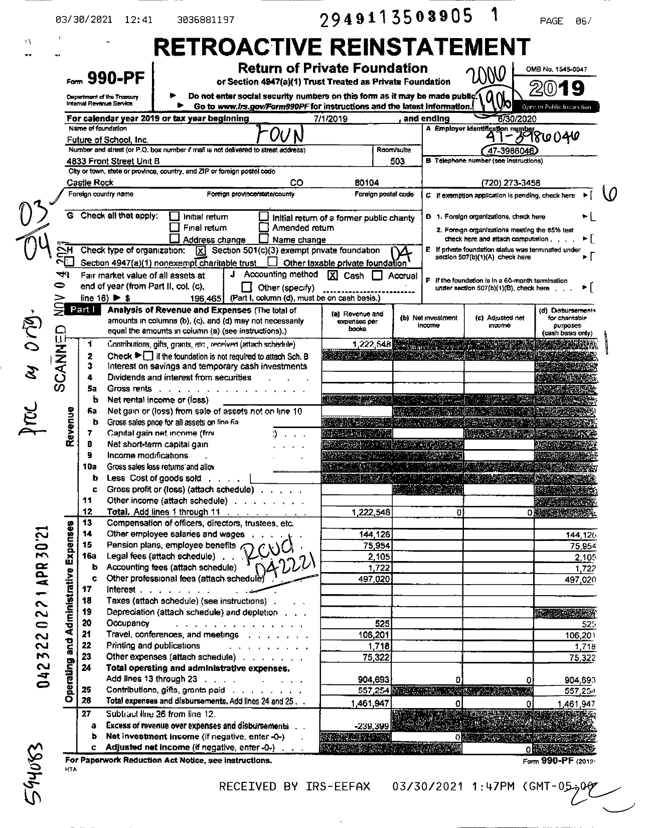 Image of first page of 2019 Form 990PF for Future of School