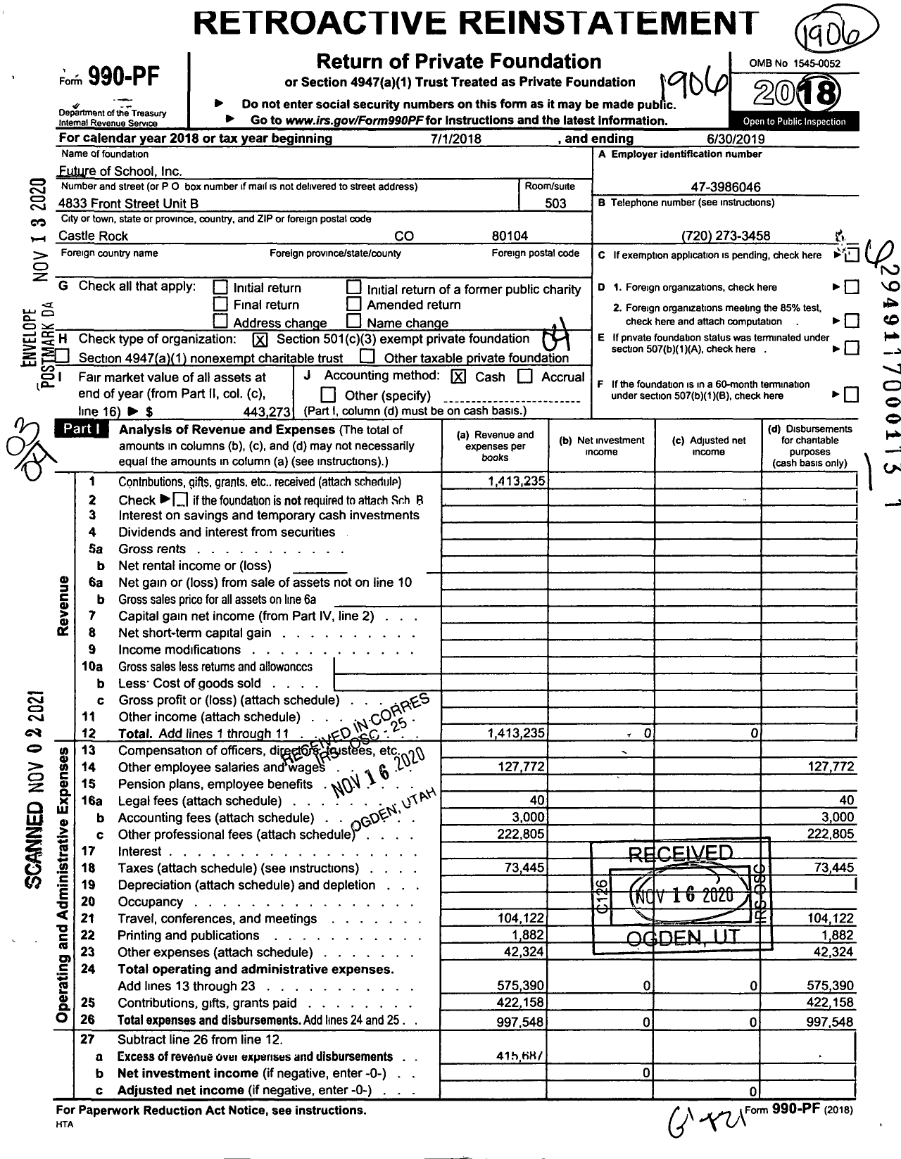 Image of first page of 2018 Form 990PF for Future of School