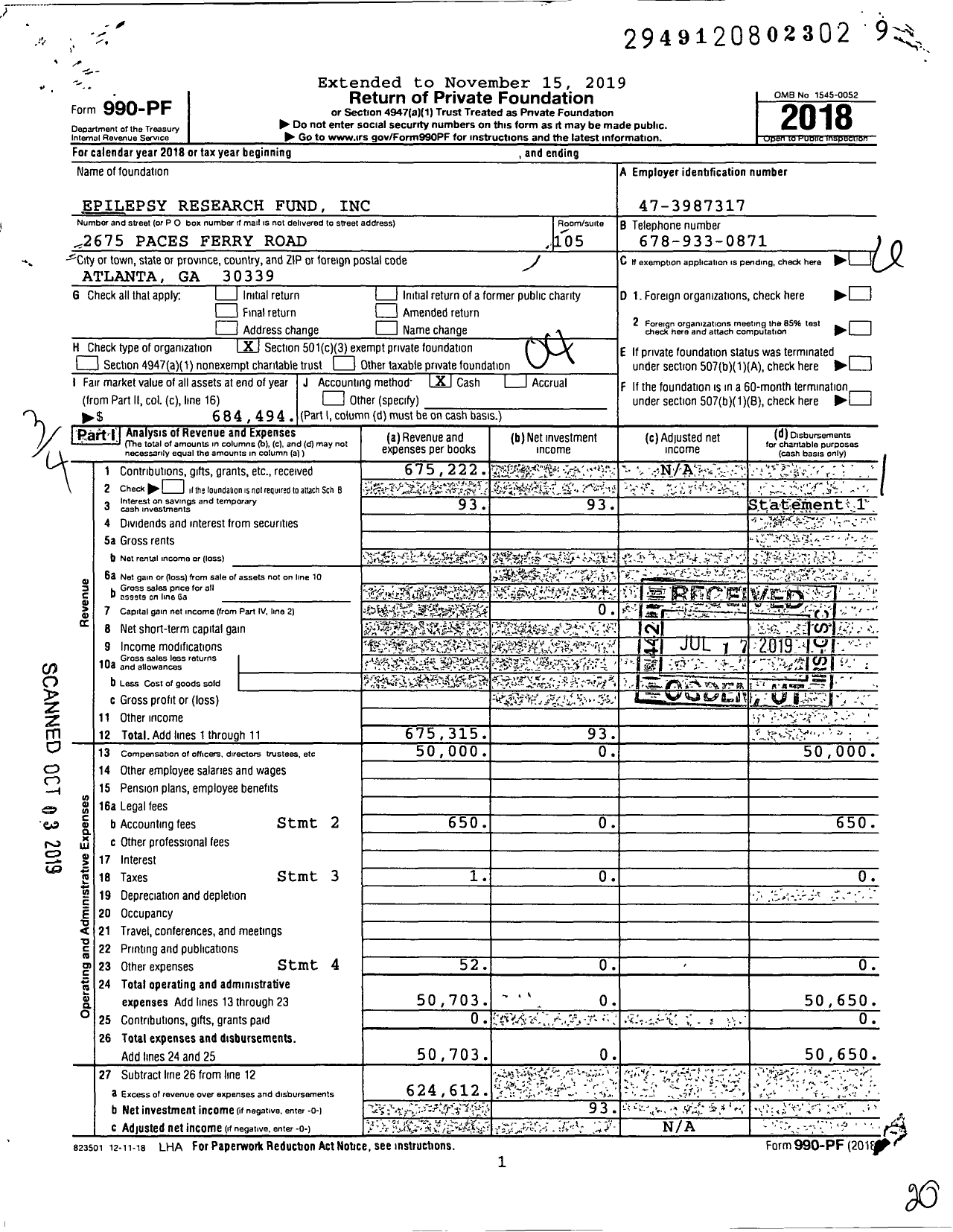 Image of first page of 2018 Form 990PF for Epilepsy Research Fund