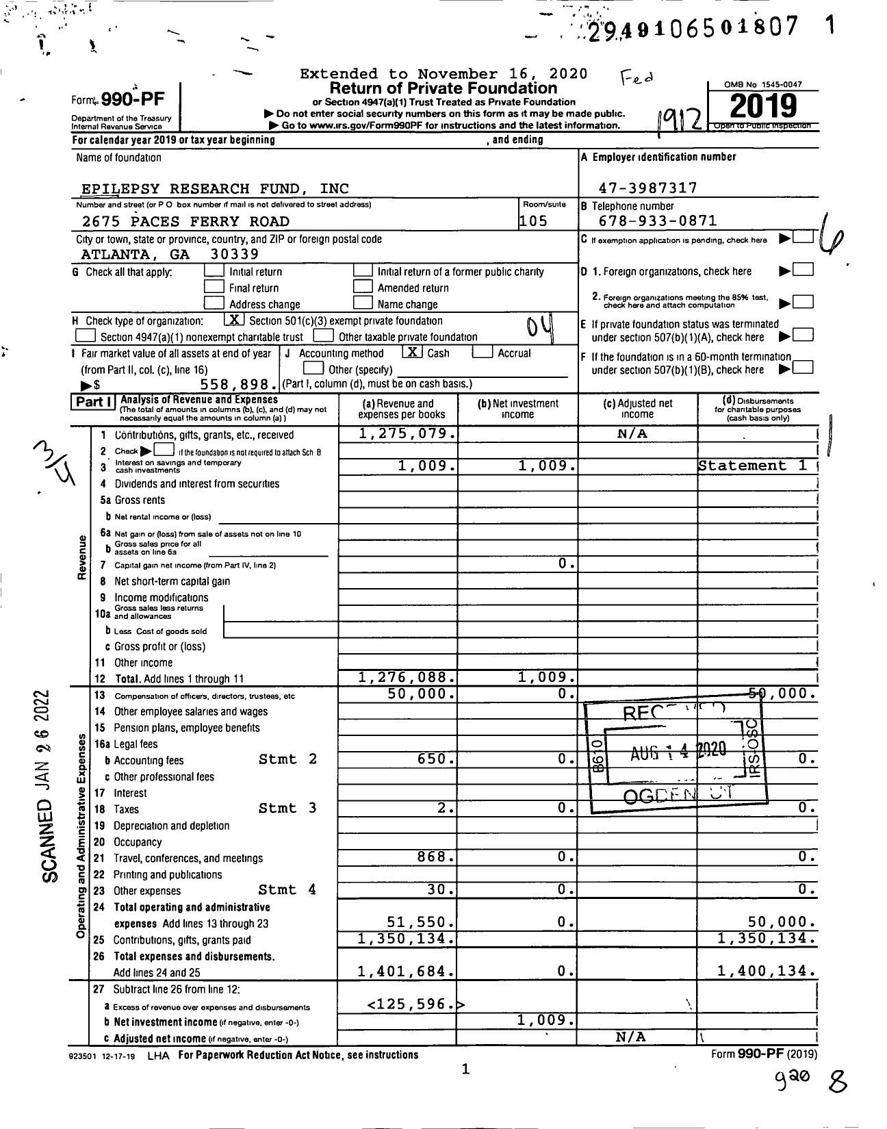 Image of first page of 2019 Form 990PF for Epilepsy Research Fund