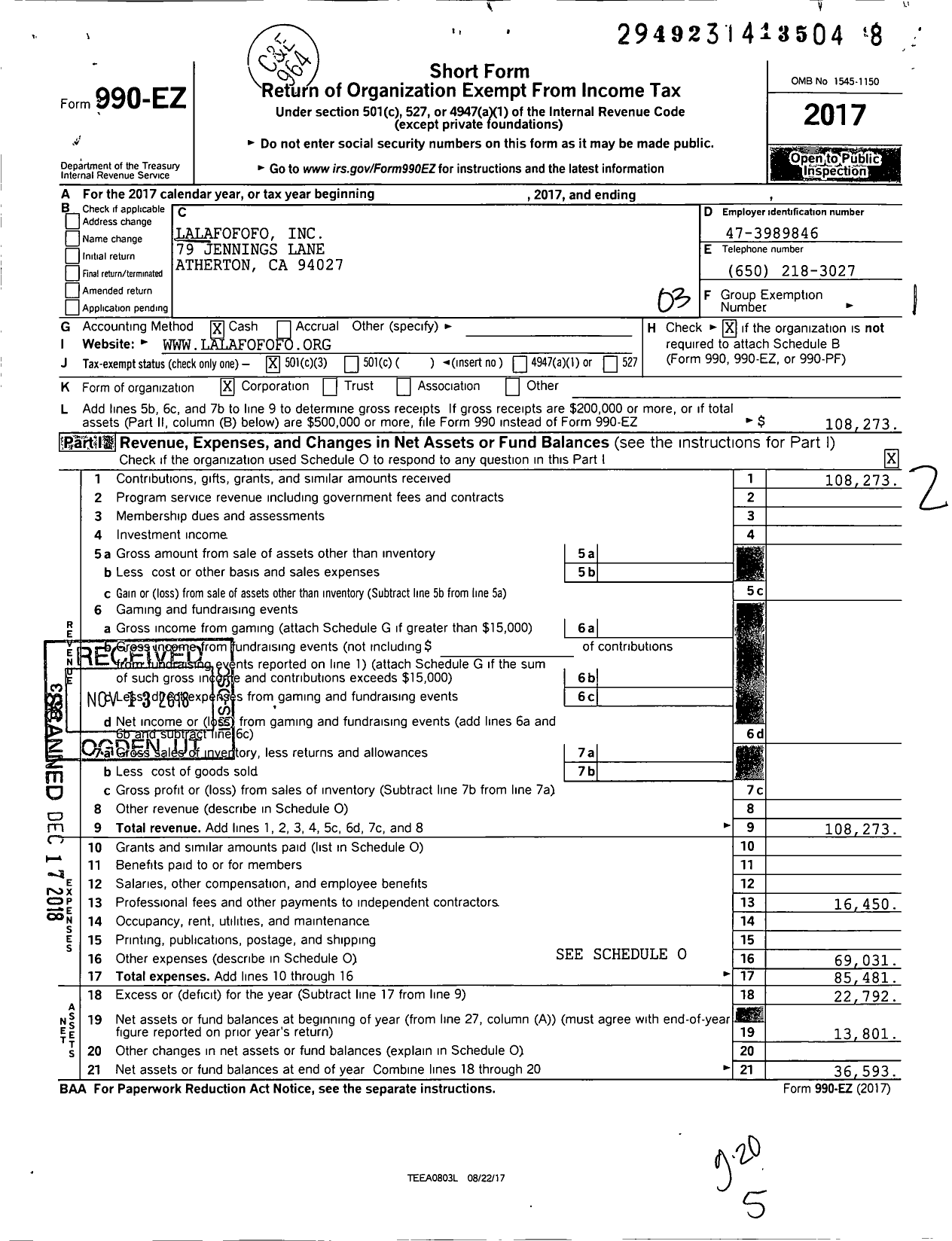 Image of first page of 2017 Form 990 for Lalafofofo